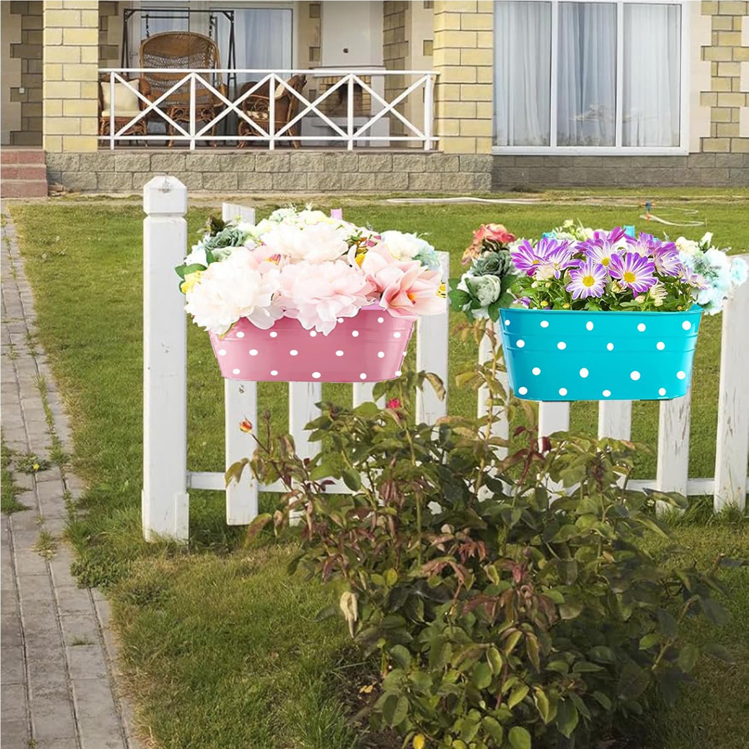Lot de 4 pots de plantes en métal à suspendre avec trou de drainage, pot de plantes avec crochets doubles amovibles, pot ovale pour balcon de jardin, décoration (Rose)