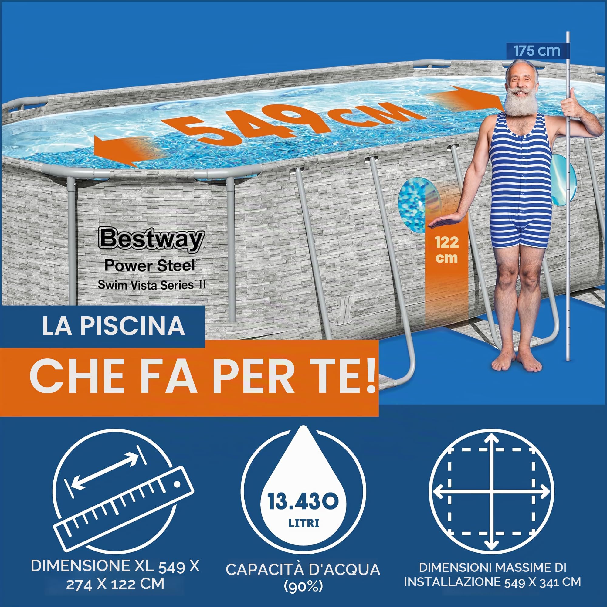 Bestway Power Steel Swim Vista Series Frame Pool Set completo con pompa filtro 549 x 274 x 122 cm, effetto pietra (grigio crema)