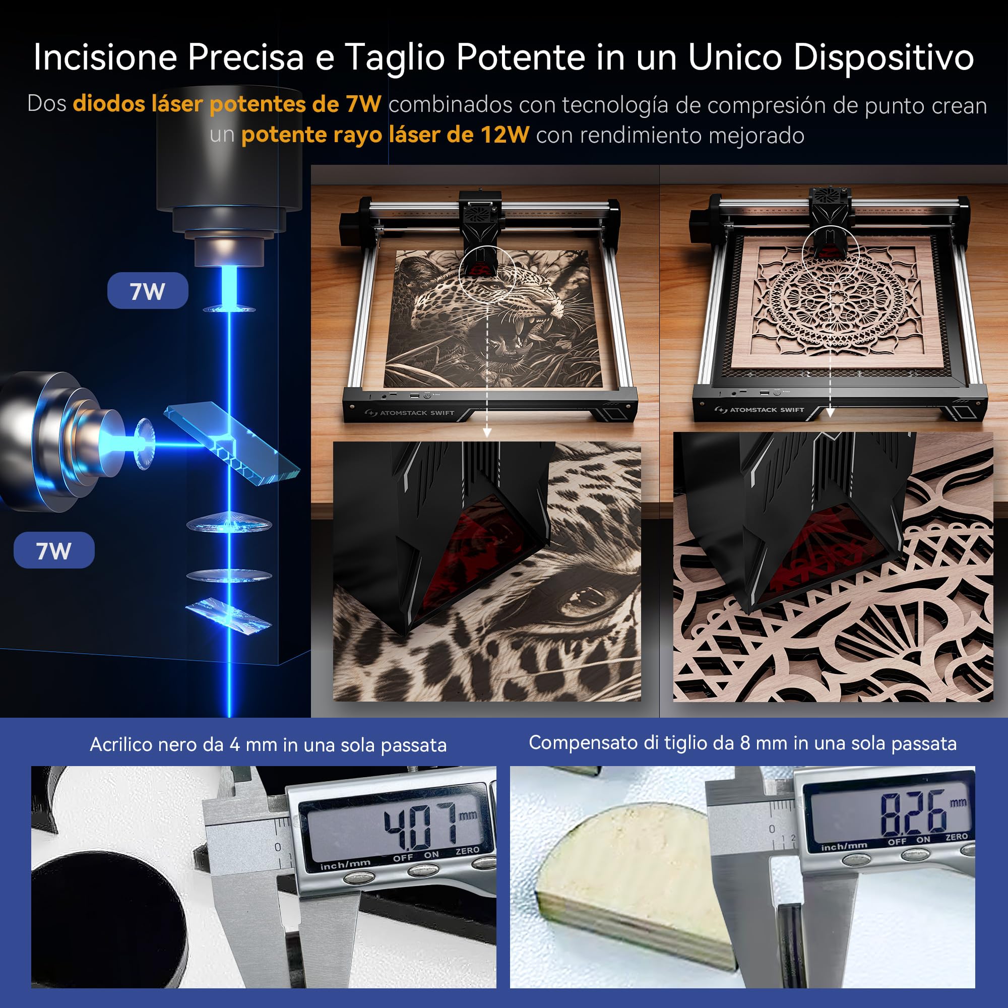 ATOMSTACK Swift 7W Grabadora Láser Máquina de Grabado Láser de Alta Precisión 0,01mm Para Personalización en Serie DIY Cortador Láser Para Madera Cuero Área de Grabado 300x300mm (SWIFT 7W Negro)