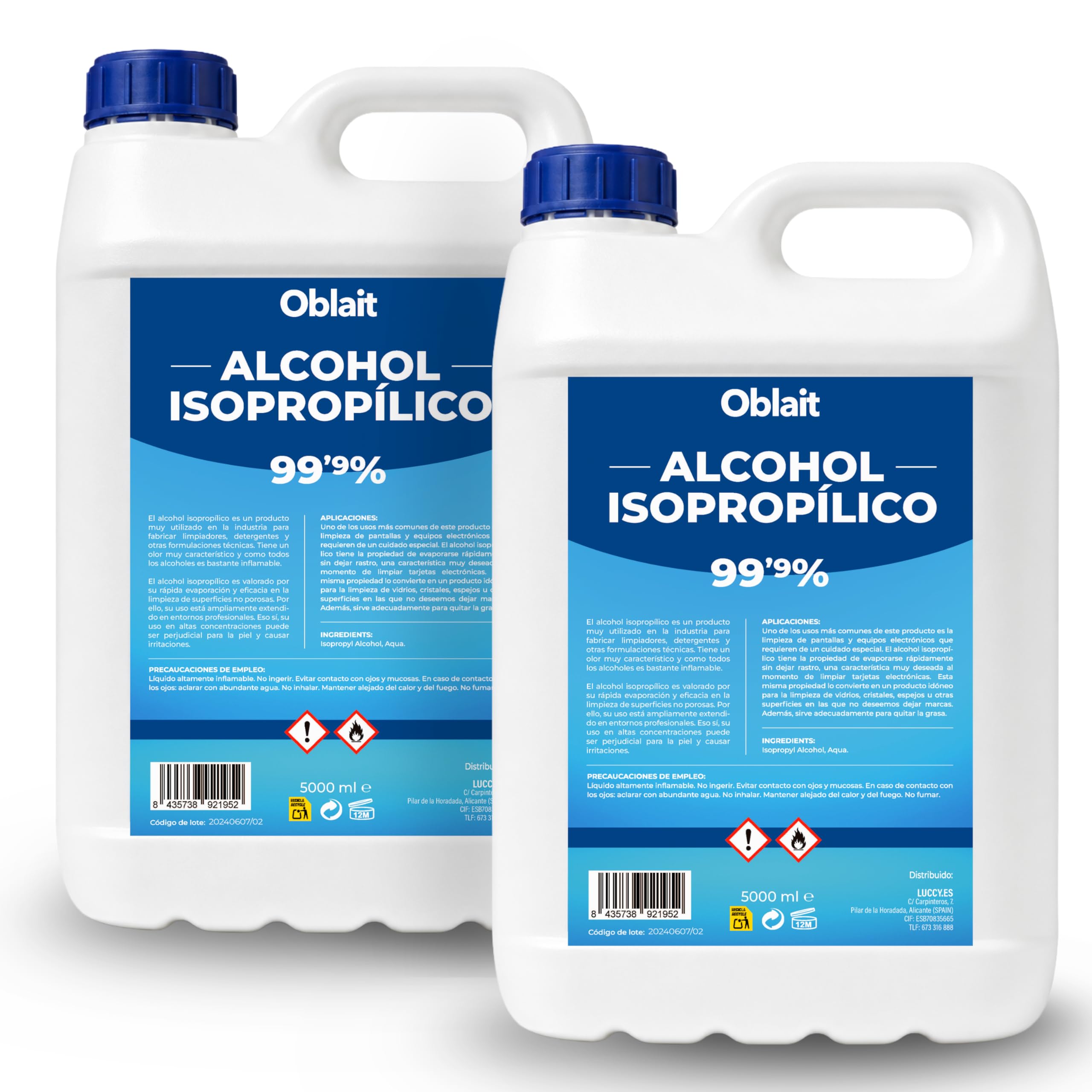 Alcohol Isopropílico 99,9% Puro 10L | Isopropanol 2 x 5L | Limpieza de Componentes Electrónicos, Limpia Contactos, Objetivos, Pantallas, Superficies | Isopropyl Alcohol Limpieza