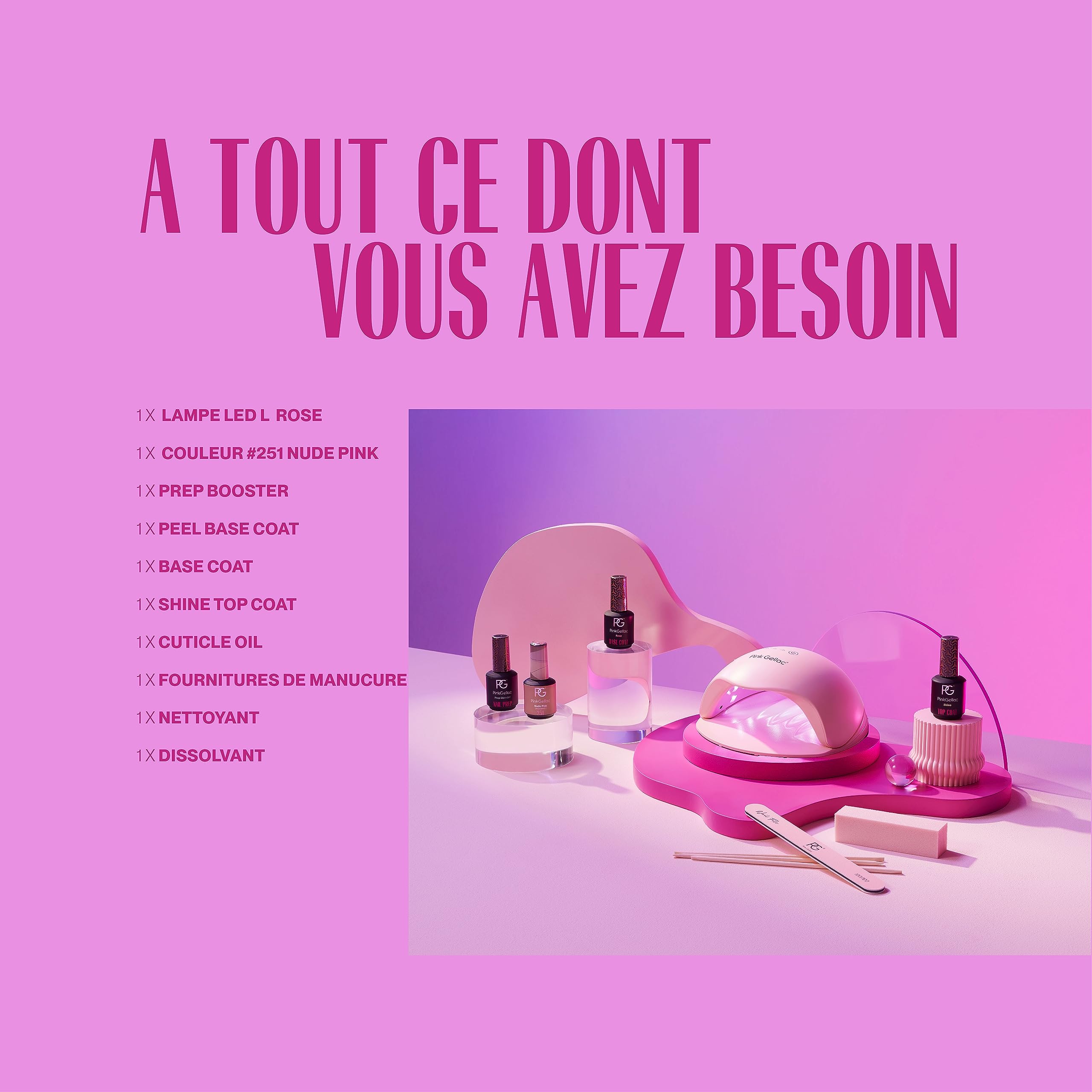 Pink Gellac Kit Vernis Semi Permanent avec Premium Lampe UV LED Rose