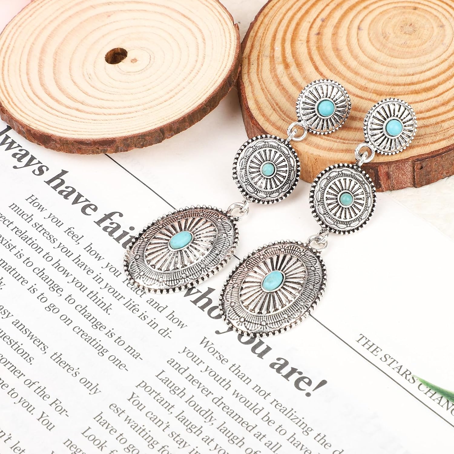 Western Earrings for Women, Oval Synthetic Turquoise Dangle Earrings Vintage Country Concert Concho Dangling Earring Nashville Cowboy Rodeo Outfit Dress Jewelry Gifts Accessories for Cowgirls - Image 3