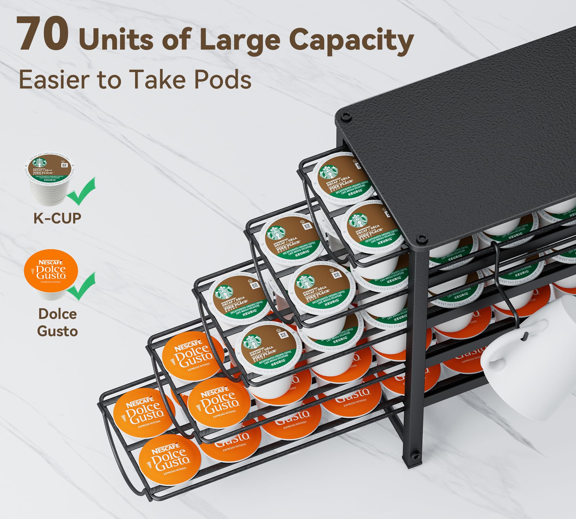 HFHOME Porta cialde da bancone, compatibile con K-Cups, cassetto in metallo a 5 ripiani, organizer per 70 cialde per bancone del caffè, casa, ufficio o cucina, rack per 3 tazze, nero