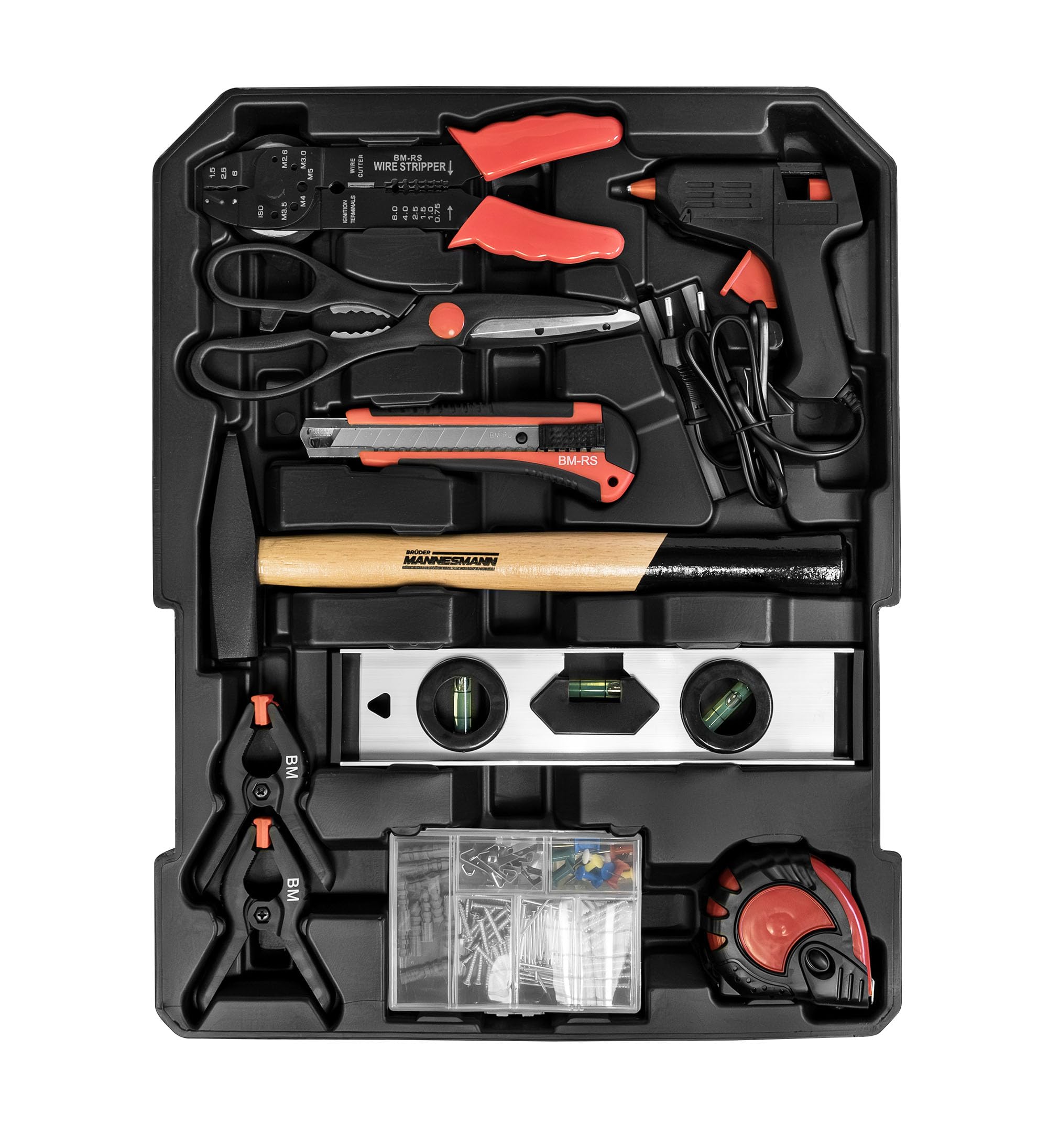 Brüder Mannesmann M29098 - Valigetta degli attrezzi portatile con set di chiavi a bussola, pinze, cacciaviti, pistola per colla a caldo, martello, livella e punte