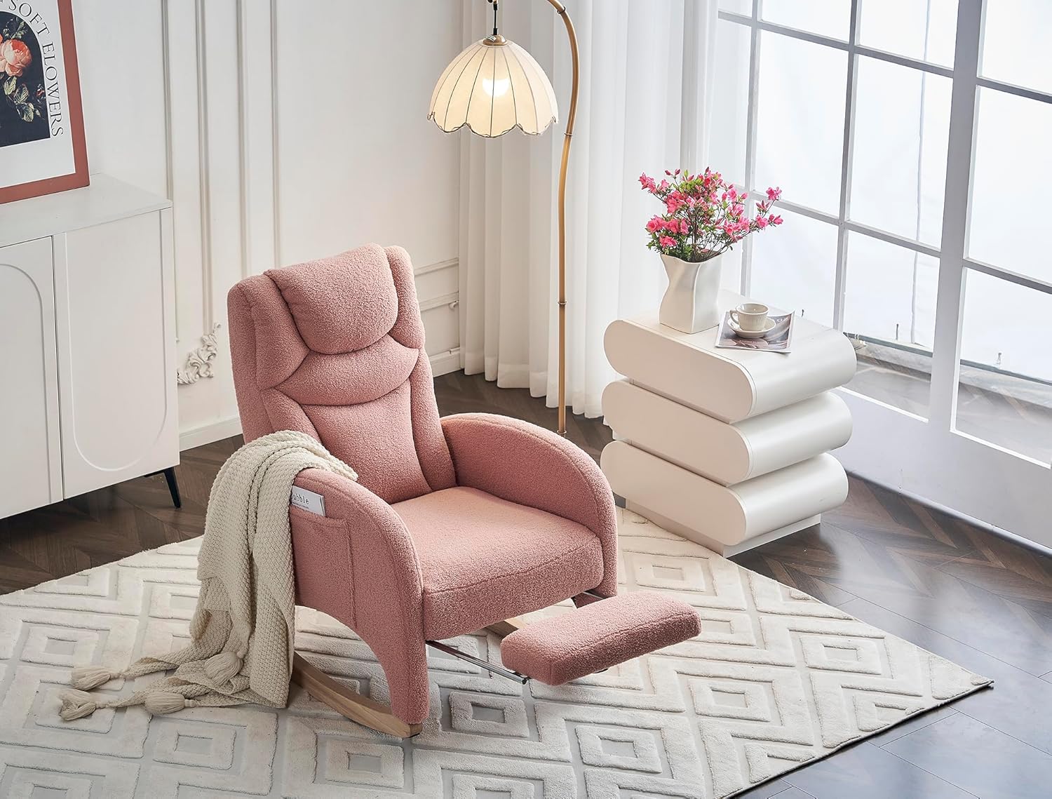 Hommoo Rocking Chair Nursery Glider Rocker Chair Modern Teddy Fabric Upholstered Accent Chair with Adjustable Footrest High Back Rocker Arm Chair for Mom and Baby Nursery Living Room Bedroom Pink Pink-teddy Fabric 39"H image 7 of 9 B0D53S1D1S