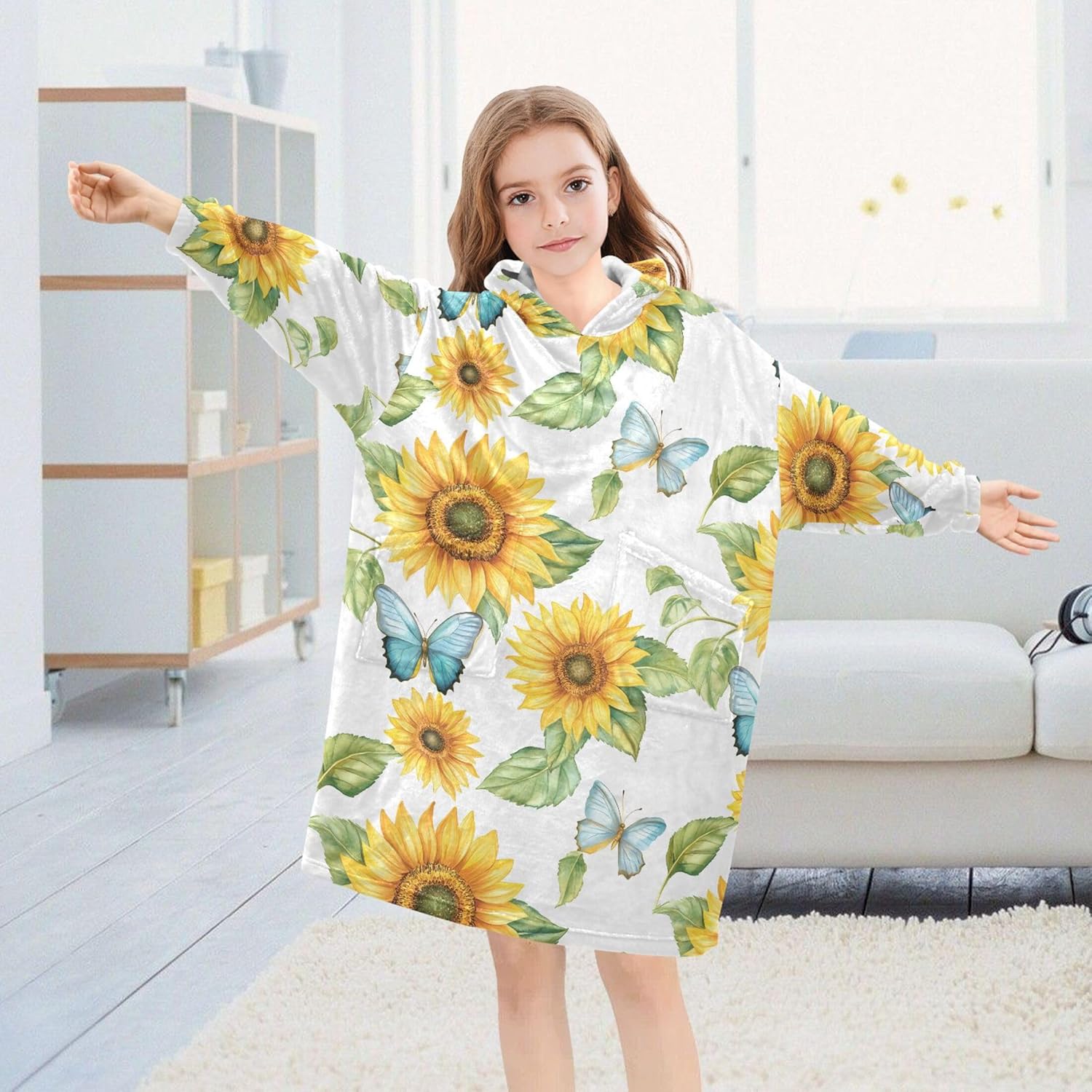 Butterfly Sunflower Kids Wearable Blanket Hoodie with Pocket and Sleeves for Toddlers, Cute Hoodies Girls B0403978