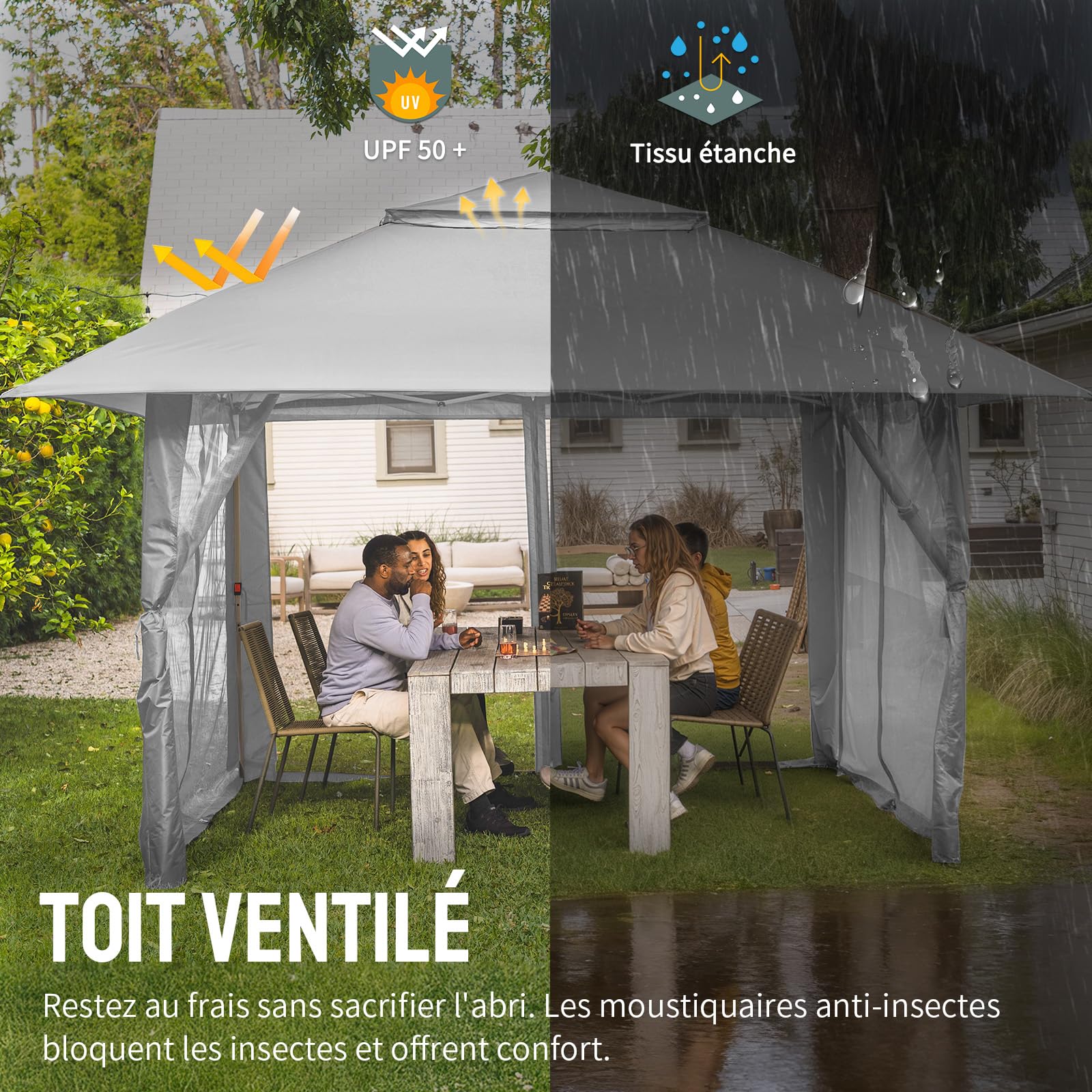 CROWN SHADES Tonnelle de Jardin 4x4 m Pop Up Gazebo Imperméable Abri Réglable en Hauteur Double Toit Côtés Maille Zippée Gris