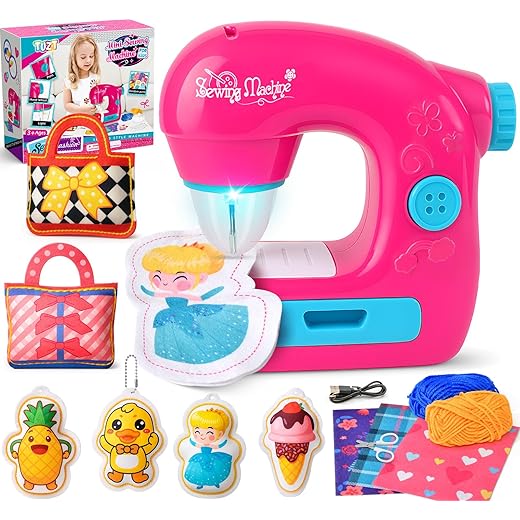 TUZT Mini Sewing Machine Toy Kit for Kids Beginners, 22pcs Portable Electric Sewing Machine with Sewing Kit, Light and Finger Guard, Birthday Christmas Gift for Kids Girls 4-12