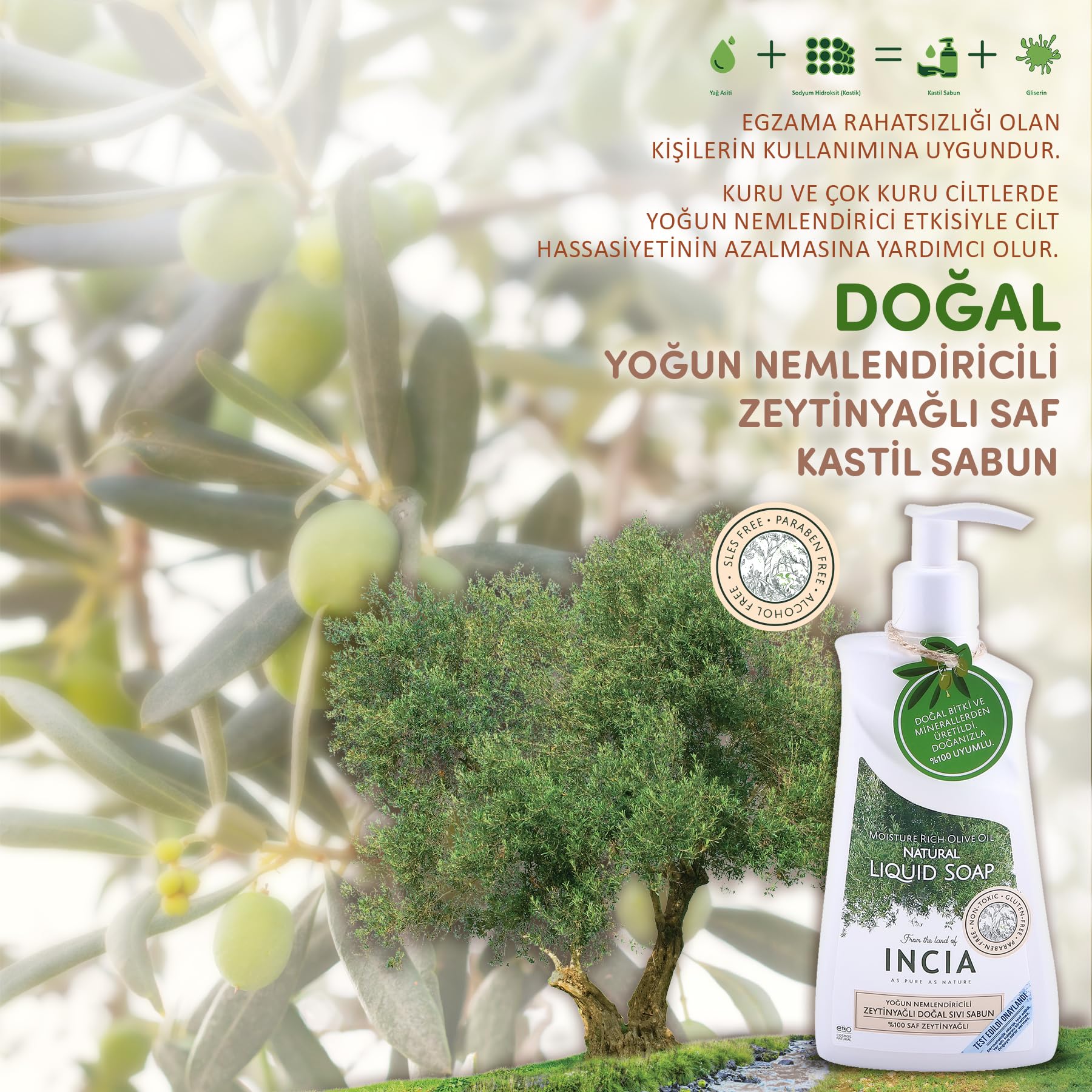 INCIA%100 Doğal Sıvı Kastil Sabunu Yoğun Nemlendirici Zeytinyağlı 10 Bitkisel Değerli Yağ Vegan 250 ml