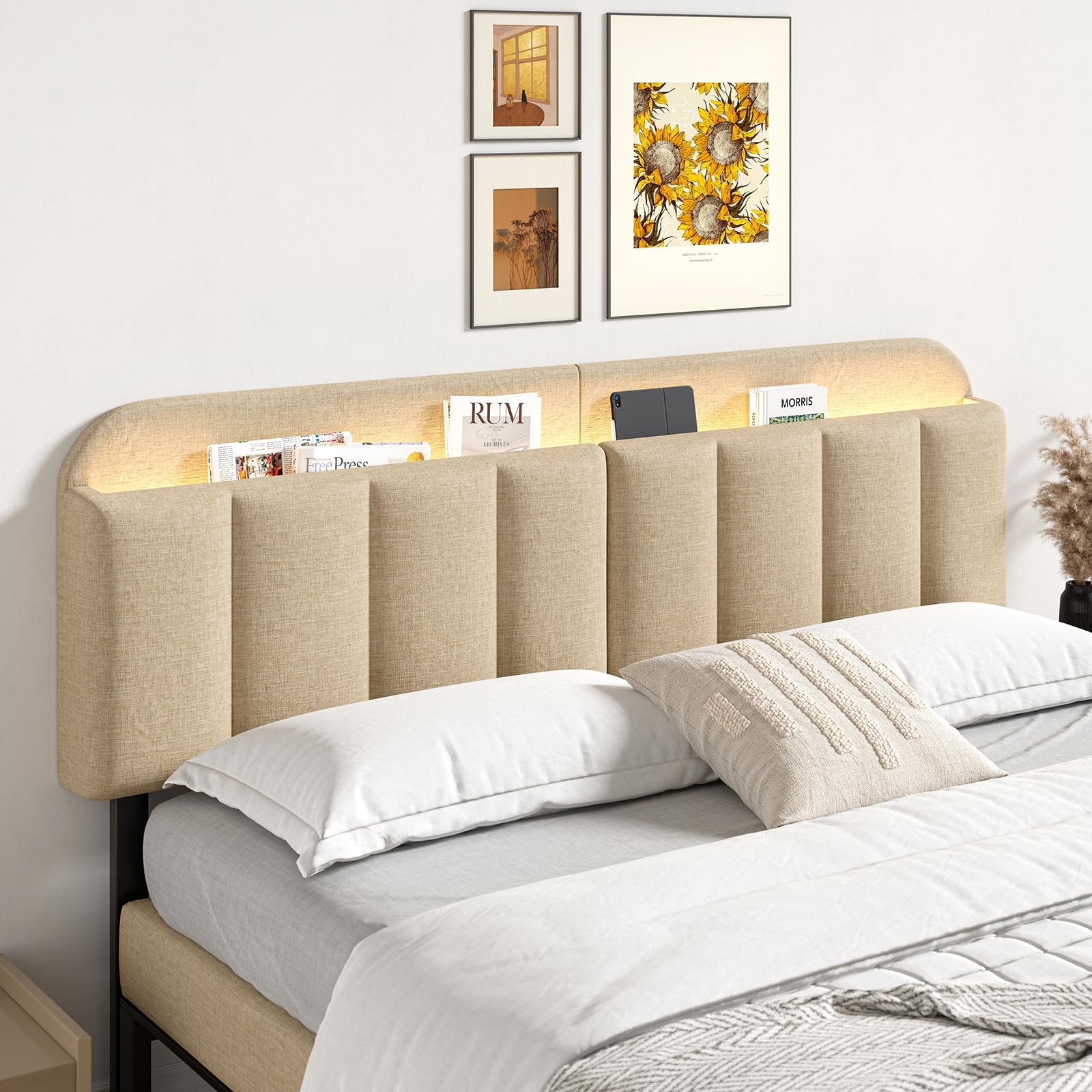 ONBRILL Adjustable Headboard for Full/Queen Size Bed Frame, Linen Fabric Bed Headboard with Storage & RGB LED Light in Modern Vertical Channel Design, Beige