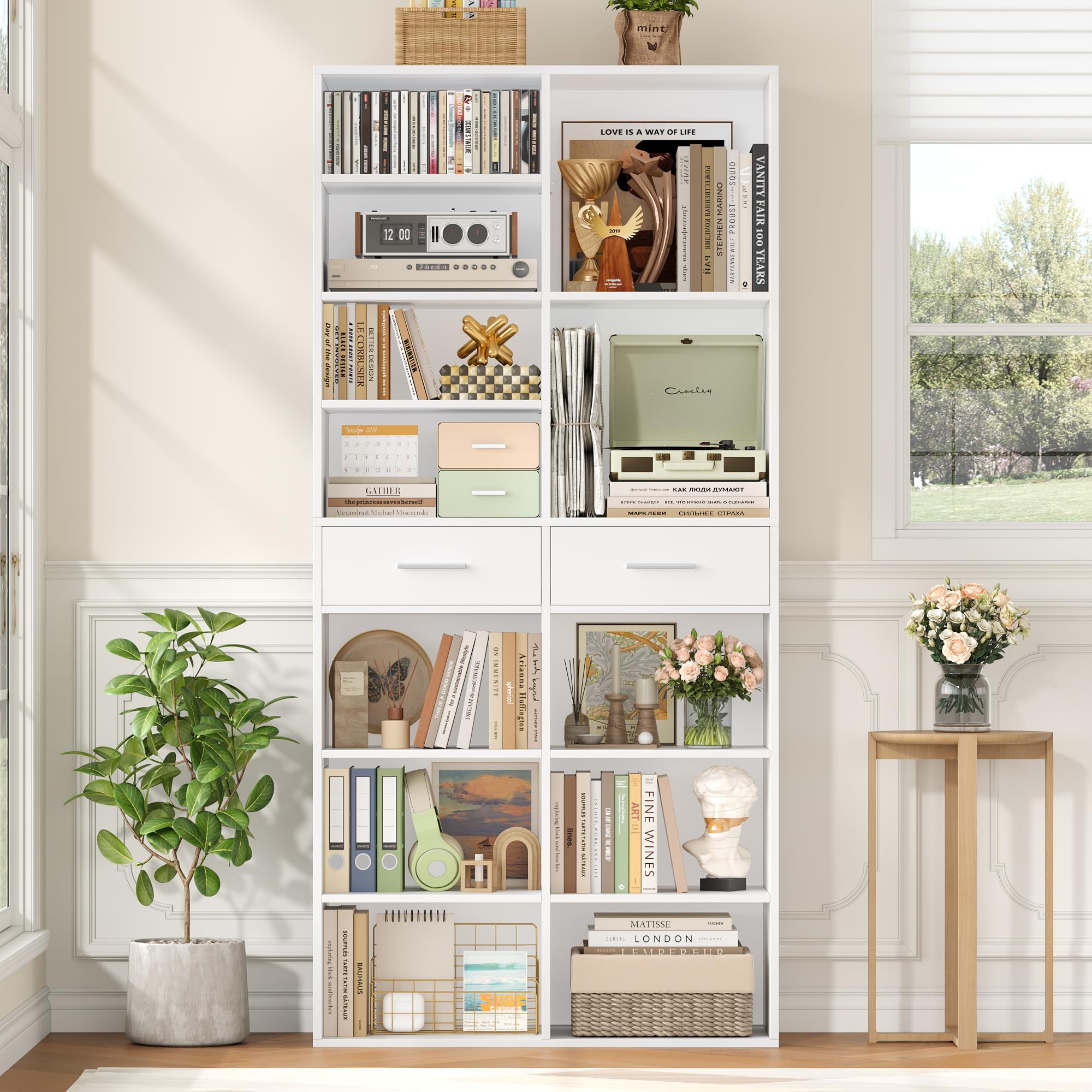 HOCSOK Bücherregal, 185,5 cm Hoch Standregal mit 2 Schubladen, 8 Ebenen | Bücherschrank Regal Offenes Aufbewahrungsregal für Arbeitszimmer, Büro, Wohnzimmer, Schlafzimmer, Weiß/Schwarz