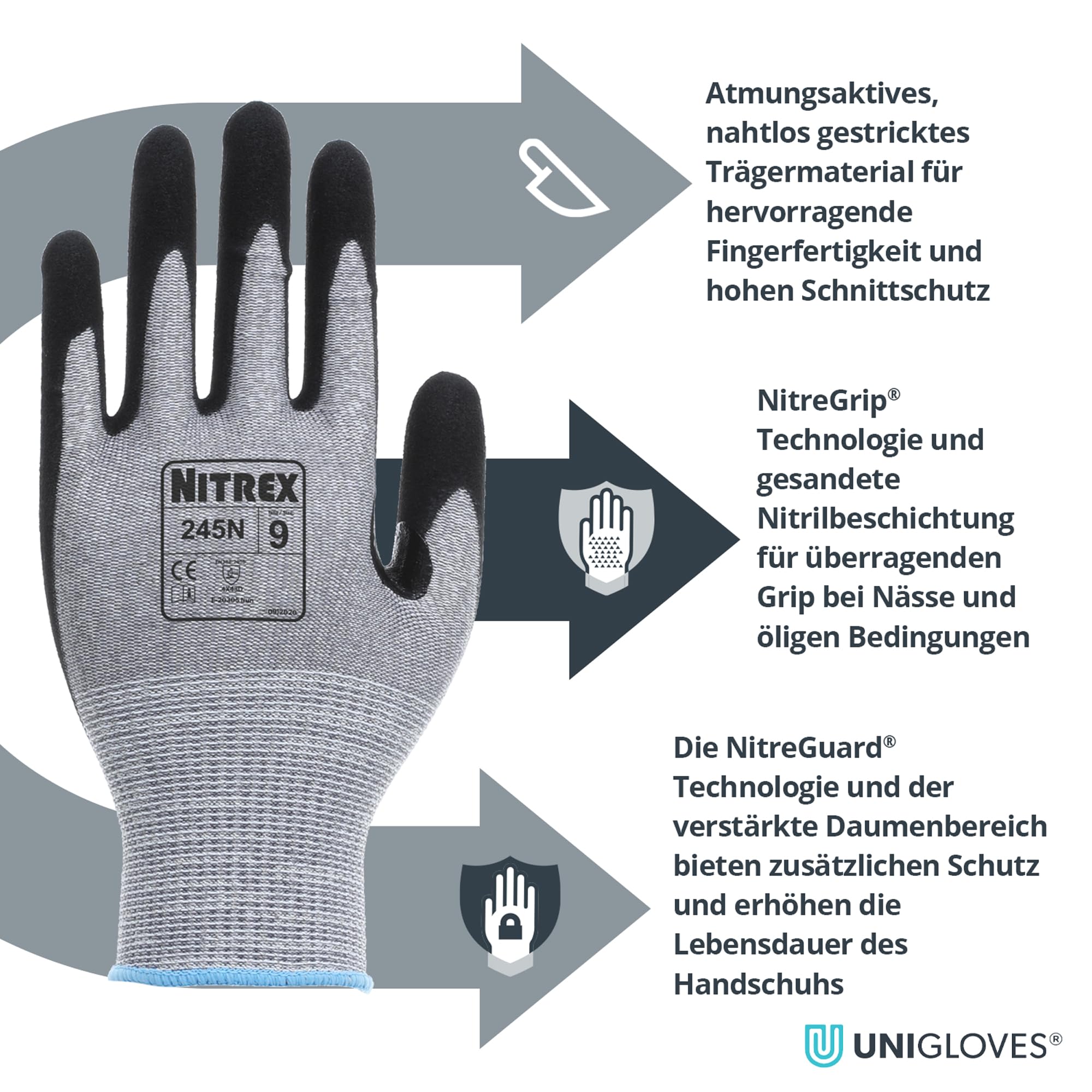 Nitrex 245N Arbeits- und Sicherheitshandschuhe, Beutel mit 10 Paar, Größe 9 – Schnittfeste Handschuhe der Schutzklasse D mit sandfarbener Nitrilbeschichtung auf der Handfläche