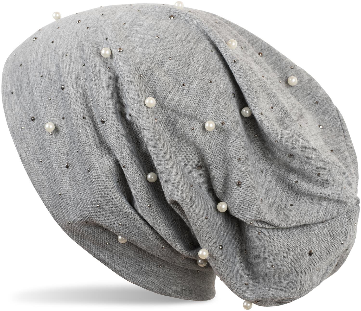 Stylebreaker Women's Mottled Grey Beanie Hat With Pearls And Rhinestone Studs, Long Slouch Beanie, 04024140, Colour: