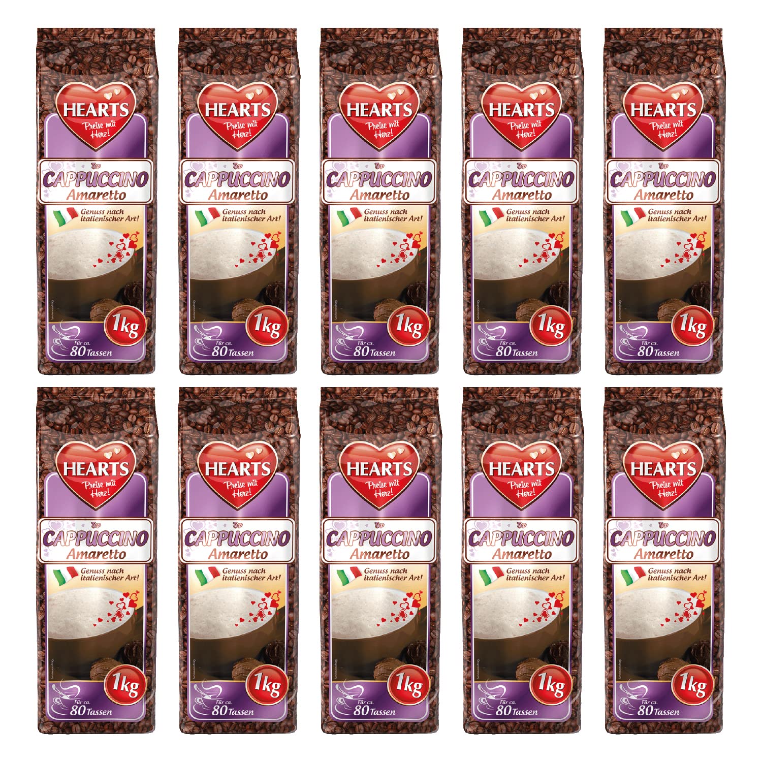HEARTS Cappuccino Amaretto 10 x 1 kg – przyjemność w stylu włoskim, ok. 80 filiżanek/opakowanie, kawa rozpuszczalna w proszku – opakowanie magazynowe – aromatyczna i rozpuszczalna