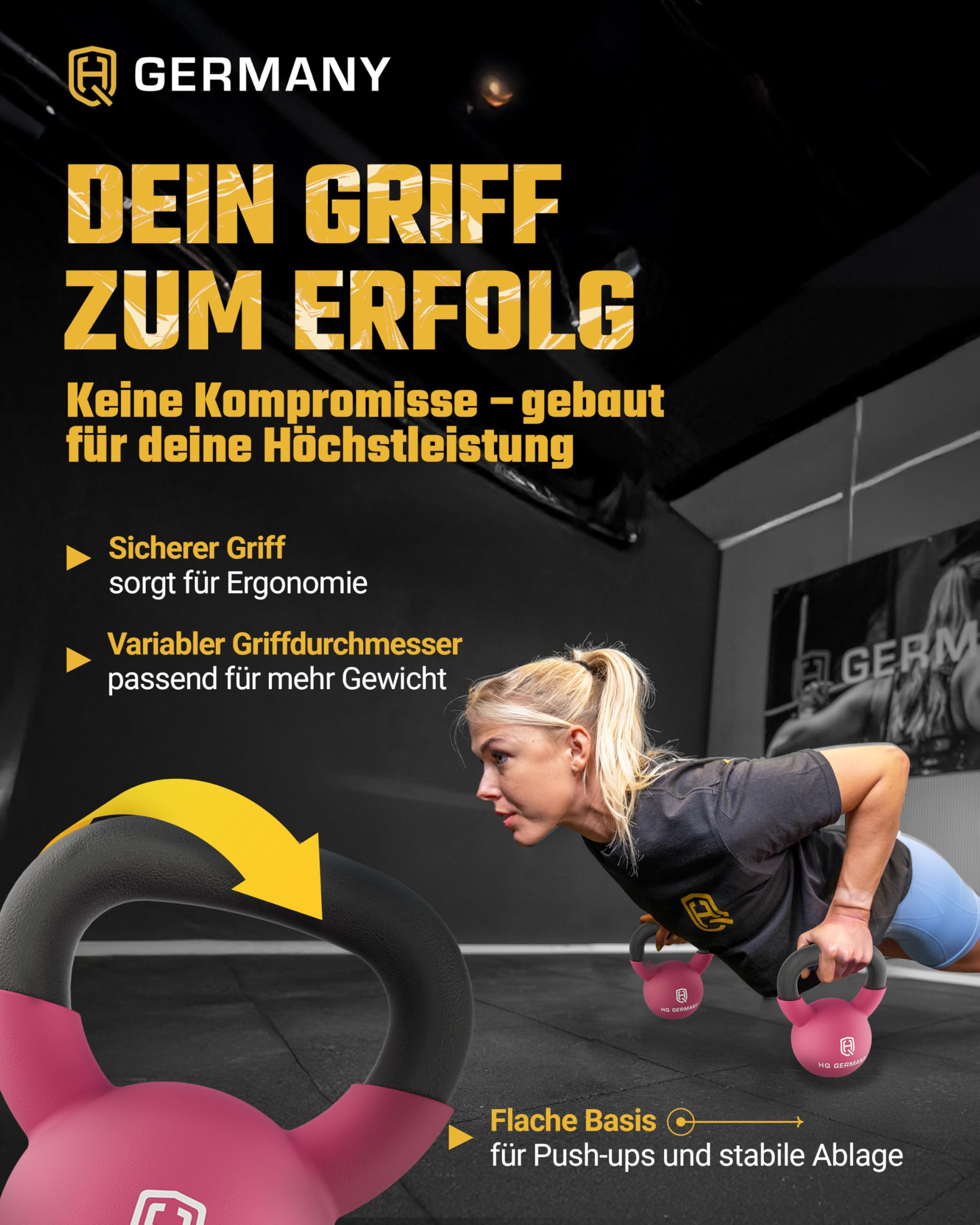 HQ Germany® Kettlebell Neopren [optimaler Bodenschutz] - Kugelhantel 2-32kg | Einteiliger Gusskern, pulverbeschichteter Griff, ±2% kalibriert, ergonomisch je Gewicht, Neoprenschicht