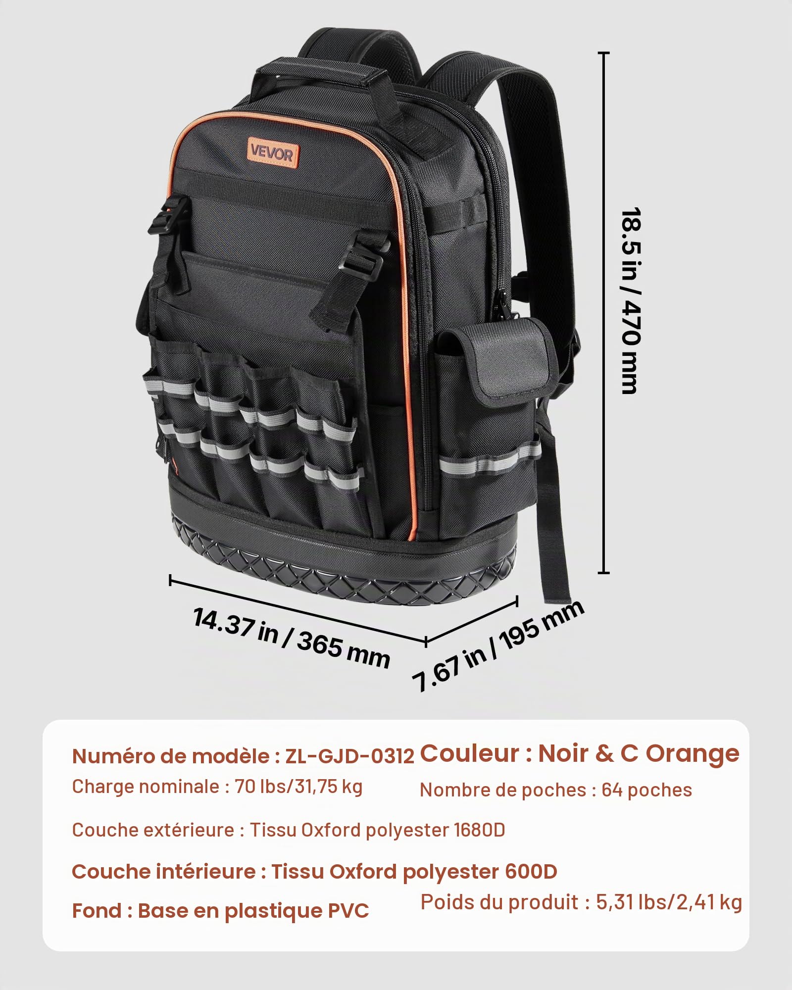 VEVOR Sac à Dos à Outils, Charge 31,75 kg, Sac à Outils 36,5x19,5x47 cm avec 64 Poches, Compartiment Ordinateur Portable, Base, Organisateur à Outil Robuste pour Chantier, Électricien, Réparateur CVC