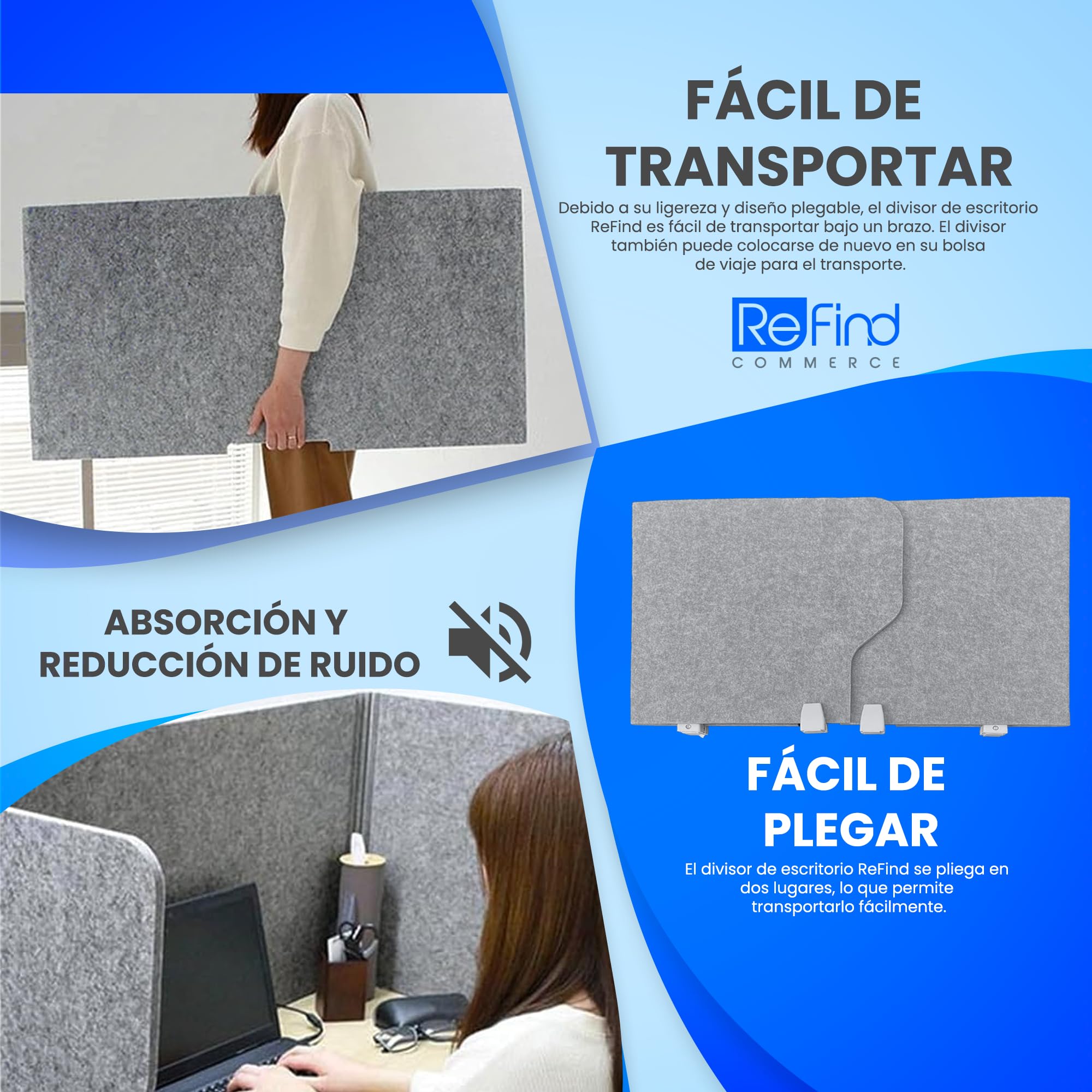 Separador de escritorio ReFind Pro. Reducción de ruido acústico y pantalla plegable para privacidad. Organizador de oficina independiente. Para escritorio de oficina, escuela y trabajo desde casa