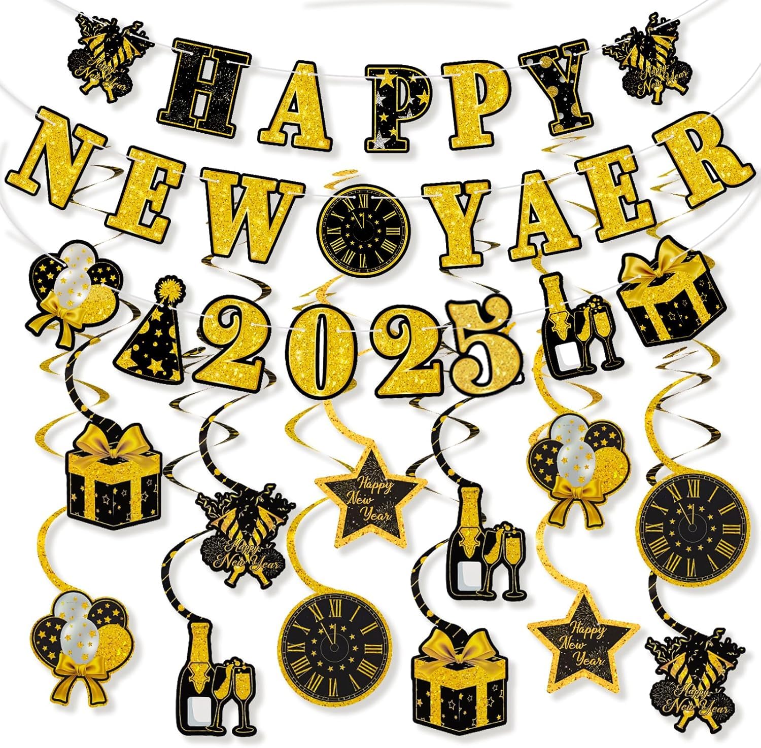 Rukoy Happy New Year Decorations 2025 - Happy New Year Banner Black and Gold, Hanging New Year Eve Banners and Swirls, 2025 New Years Eve Party Supplies New Years Decorations