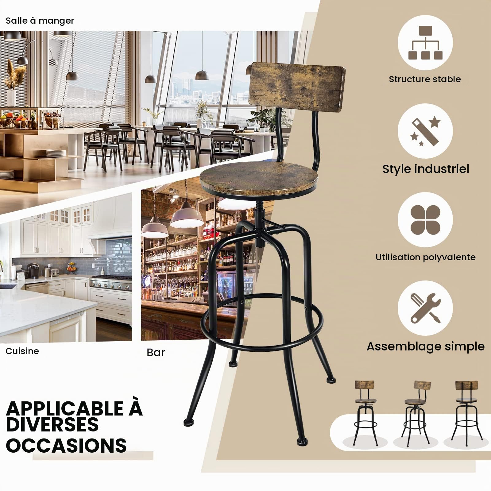 GIANTEX Lot de 2 Tabourets de Bar, Chaises de Bar Hautes Industrielles Pivotant avec Siège Réglable, Dossier et Repose-Pieds en Arc, pour Cuisine, Café, Pub, Bistrot, Marron Rustique + Noir