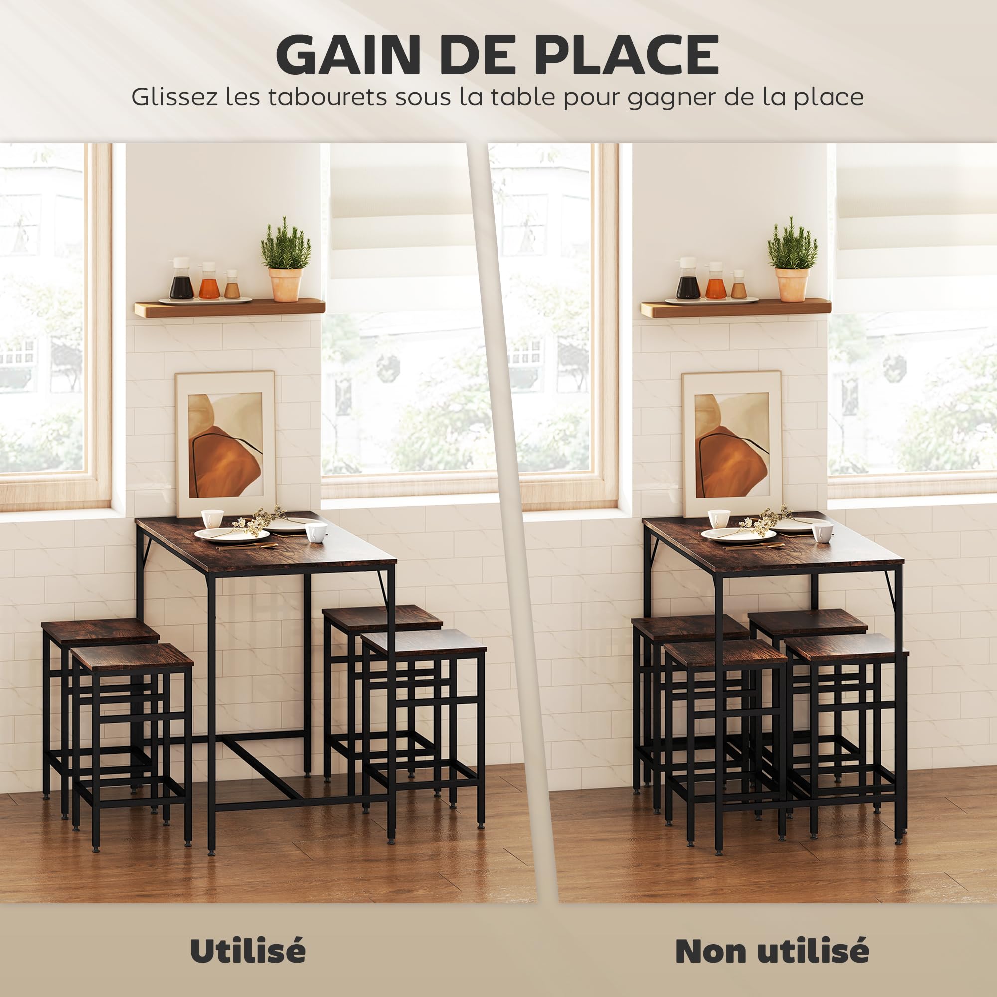 HOMCOM Ensemble Table de Bar Industriel + 4 tabourets Repose-Pieds en Bois Couleur Chêne Cadre en métal Noir