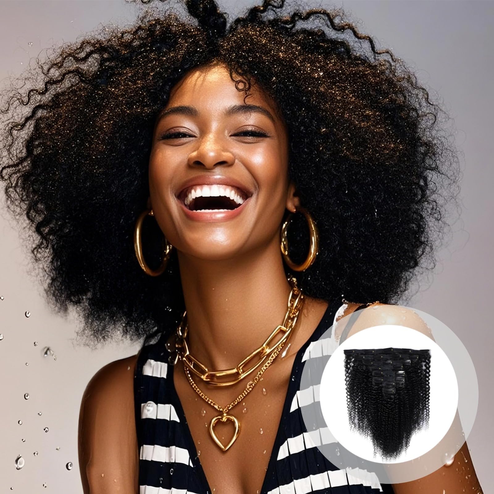 Clip-in Echthaar-Extensions, 14 Zoll, Natur Schwarz, Afro-Locken-Clip-ins, 8-teiliges Set, flexibles Styling, passend für mehr Fülle und einen harmonischen Look