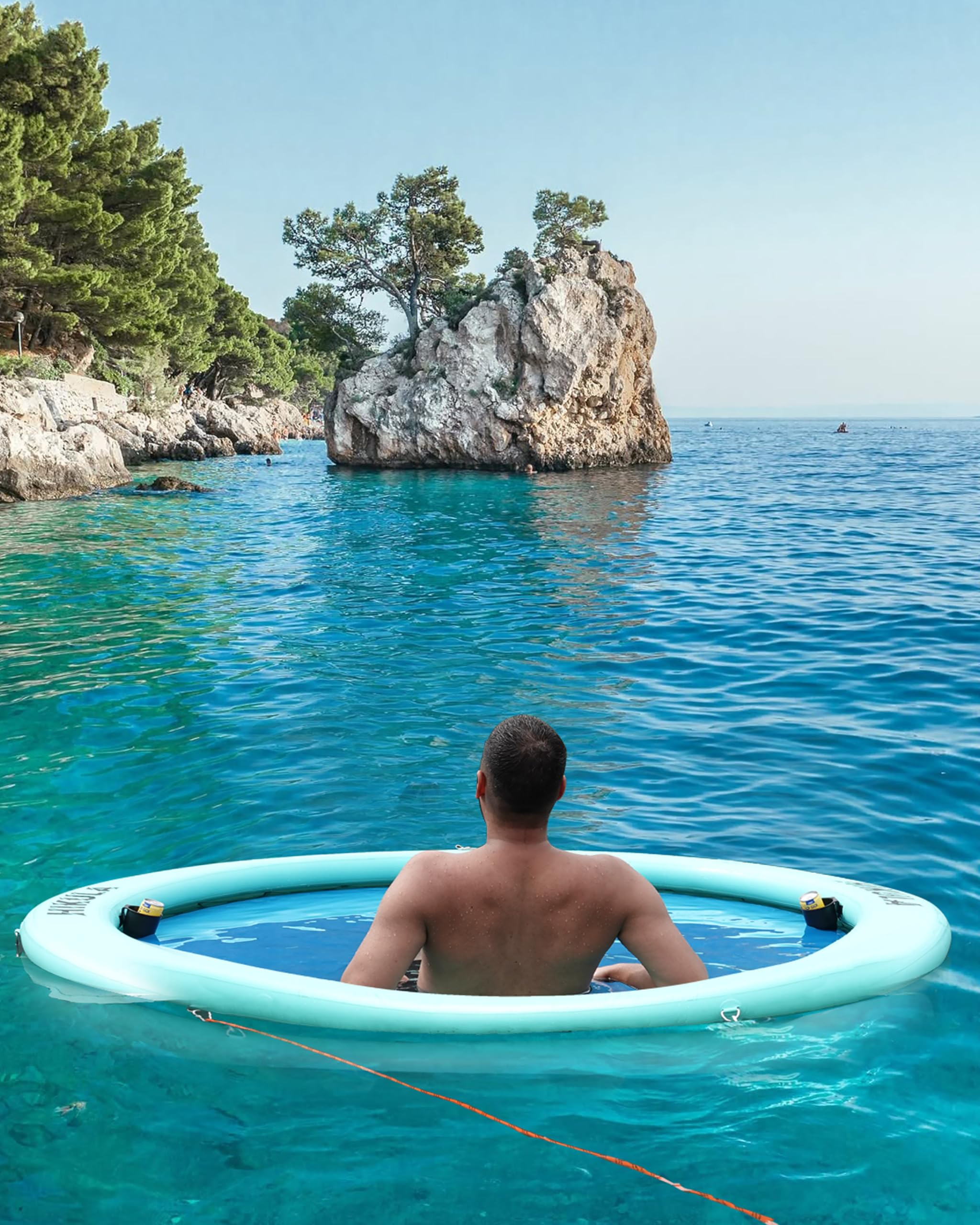 Inflatable Round Floating Ring - Water Hammock Dock, Sun Chill Mat Raft Platform, Heavy Duty Floats for Lake and Beach with Water Ladder and Cup Holder