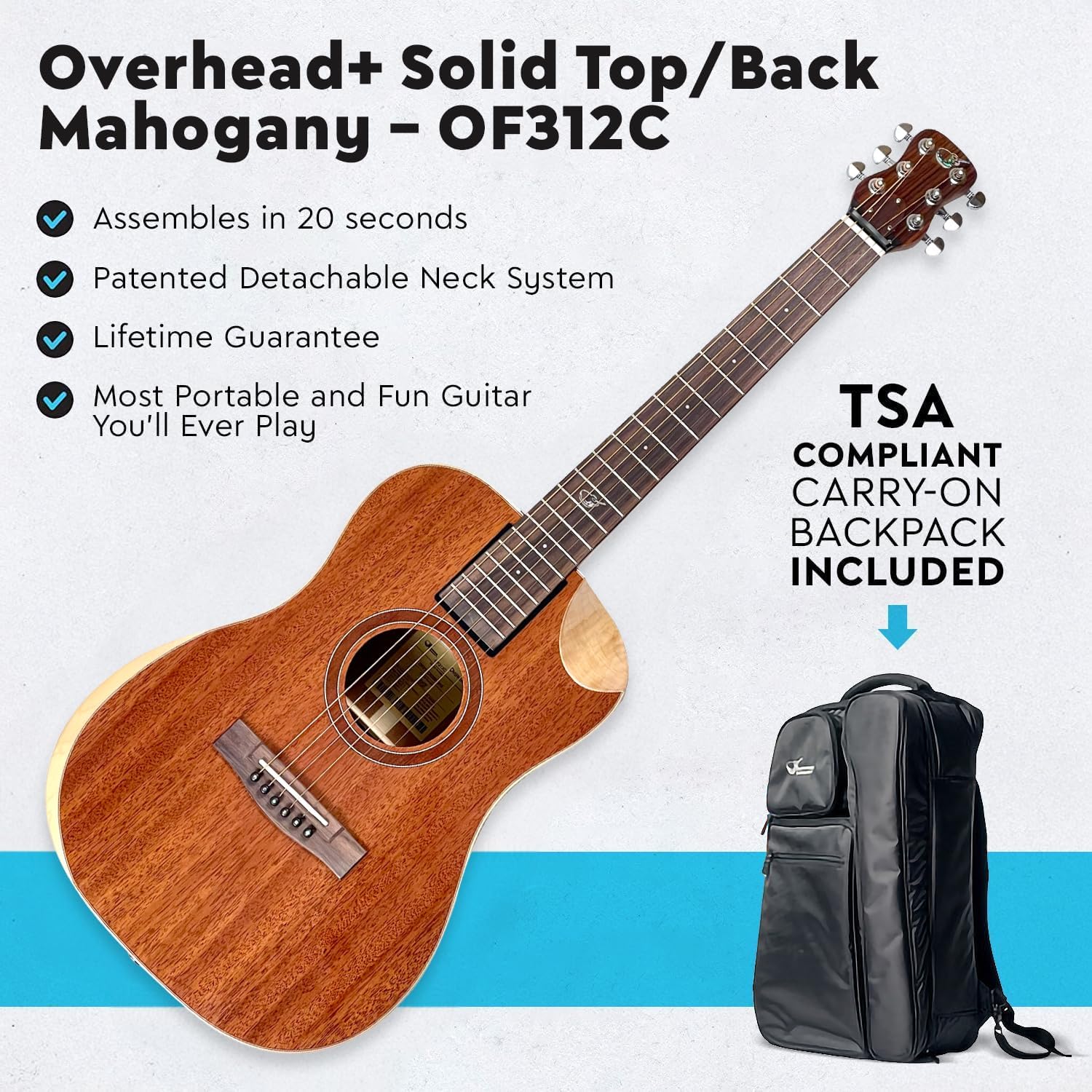 Journey Instruments Solid Mahogany Travel Guitar – Upgraded OF312C Traveling Acoustic-Electric Guitar with Collapsible Patented System – Portable Backpack Case (Overhead)