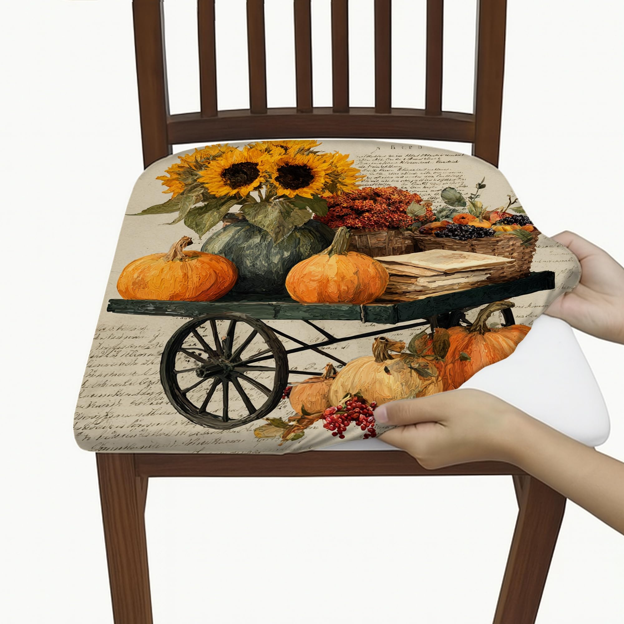 Fall Harvest Chair Seat Covers, Stretch Spandex Pumpkin Cushion Protectors with Sunflower Design, Autumn Decorative Covers for Kitchen Dining Decor 2PCS