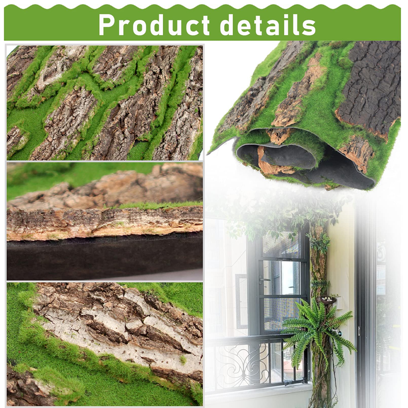 PINVNBY Reptilien-Kork-Terrarium-Hintergrund, Bartdrache, Aquarium, natürliche Rinde, Wand-Habitat-Dekor mit künstlichem Moos, 40 x 29 cm, Reptilienteppich für Gecko, Eidechse, Schildkröte, Frosch,