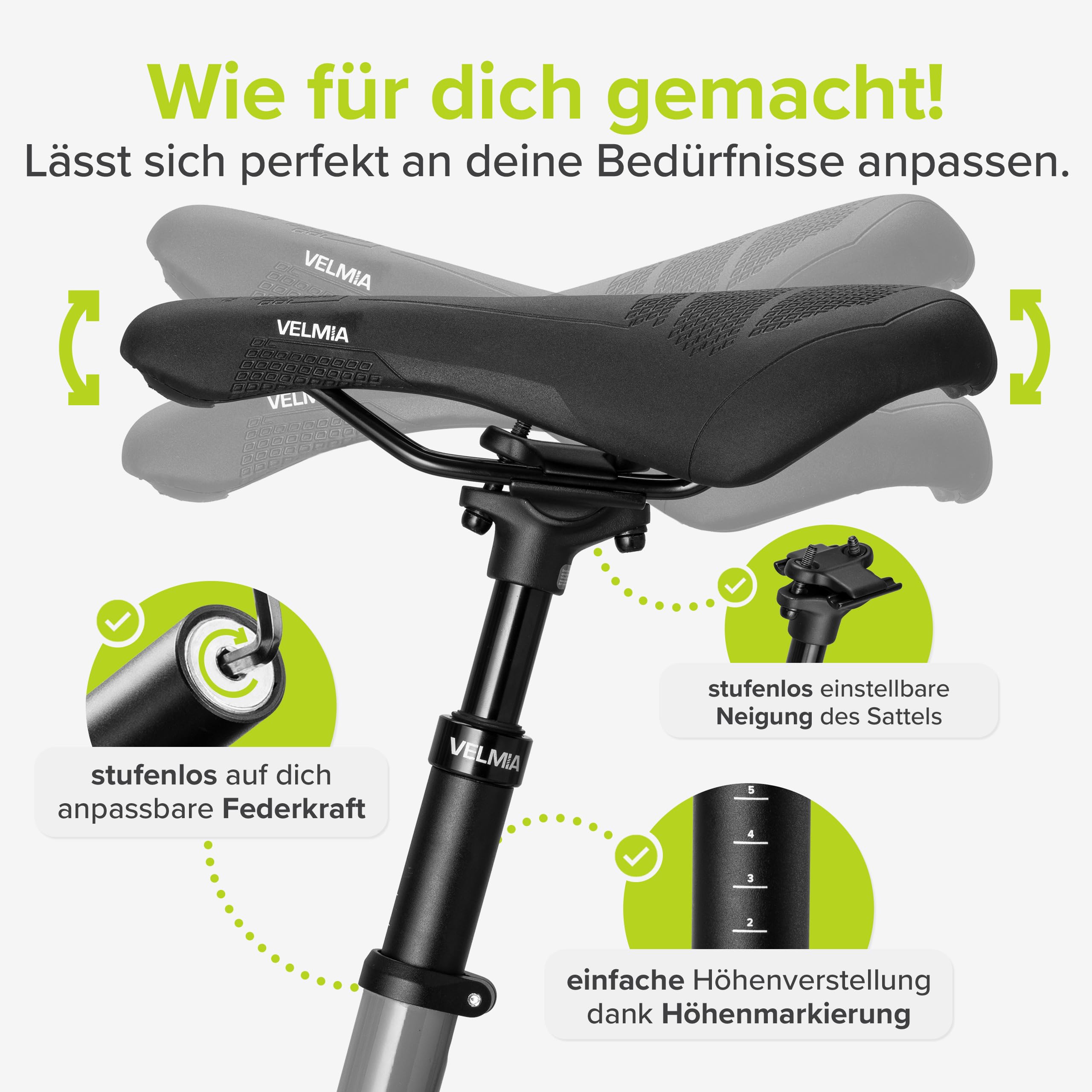 Tija de sillín con suspensión VELMIA 27,2-31,6mm - Aluminio - Negro - Para todo tipo de bicicletas - Alivio para la columna vertebral, montaje fácil