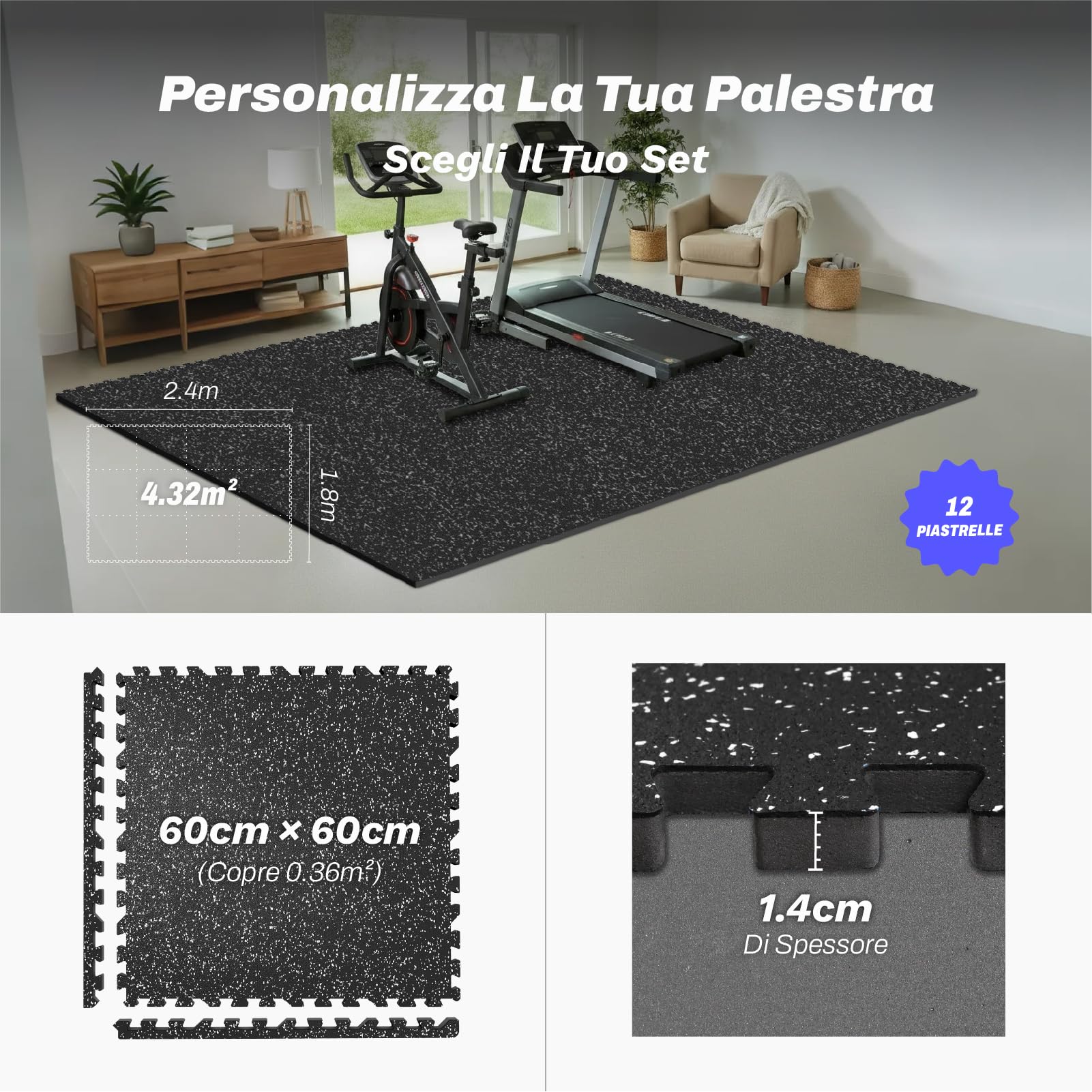 AIRHOP 12 pz 60x60x1,4cm pavimento gommato palestra, Superficie in Gomma Robusta e Extra Spessa,Tappetino Puzzle per la Protezione del Pavimento, per Palestra e Casa, tappeto palestra,4,32 m²