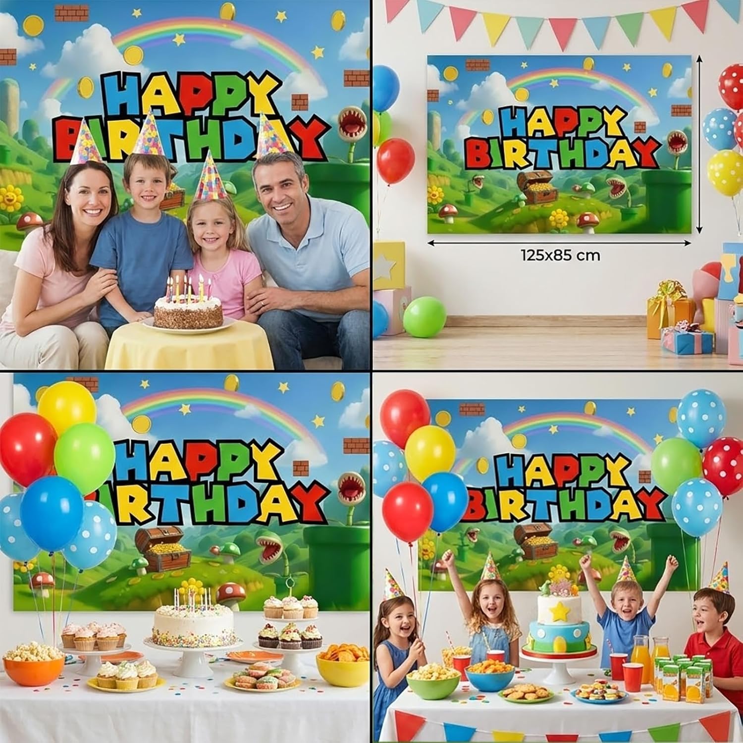Super Bros Themed Adventure Party Decorations Kit Red Blue Green Yellow Balloons Cloud Star Mushroom Foil Set Matching Banner Happy Birthday Backdrop for Kids & Gamers Celebration Supplies