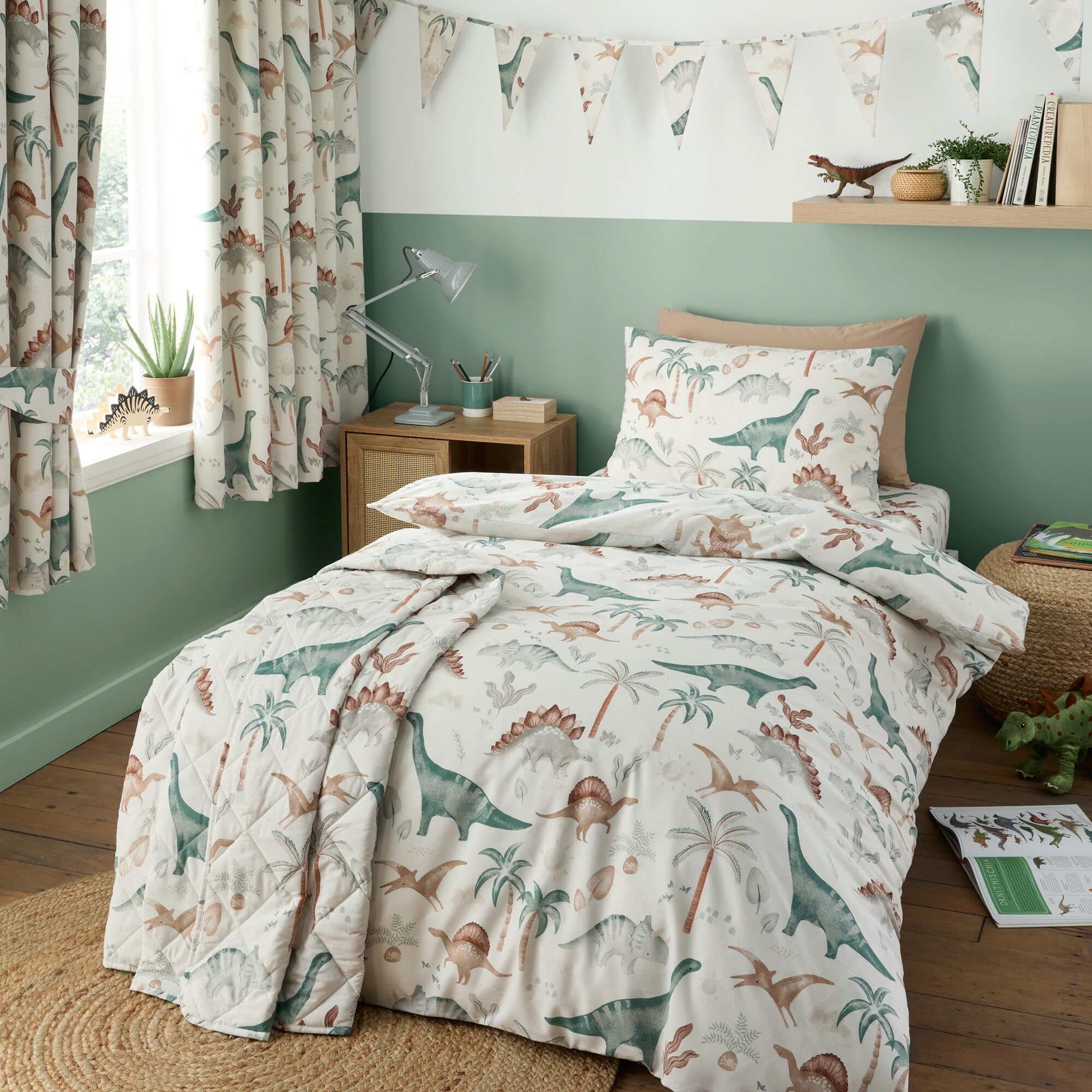 Happy Linen Company Girls Ivory Boys Kids Scandi Saurus Dinosaur Toddler Cot Bed Reversible Soft Easy Care Bed Linen Duvet Cover Quilt Bedding Set With Pillow Case