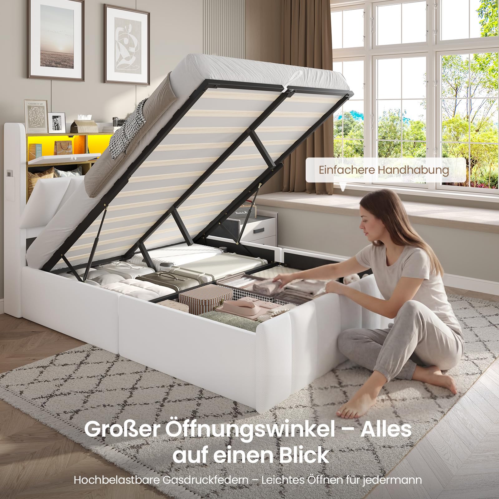 DICTAC Bett 140x200 mit Lattenrost & LED Beleuchtung – Stauraumbett mit Bettkasten, Polsterkopfteil & USB Ladestation – Weißes Polsterbett 140x200, Doppelbett für Jugendliche & Erwachsene