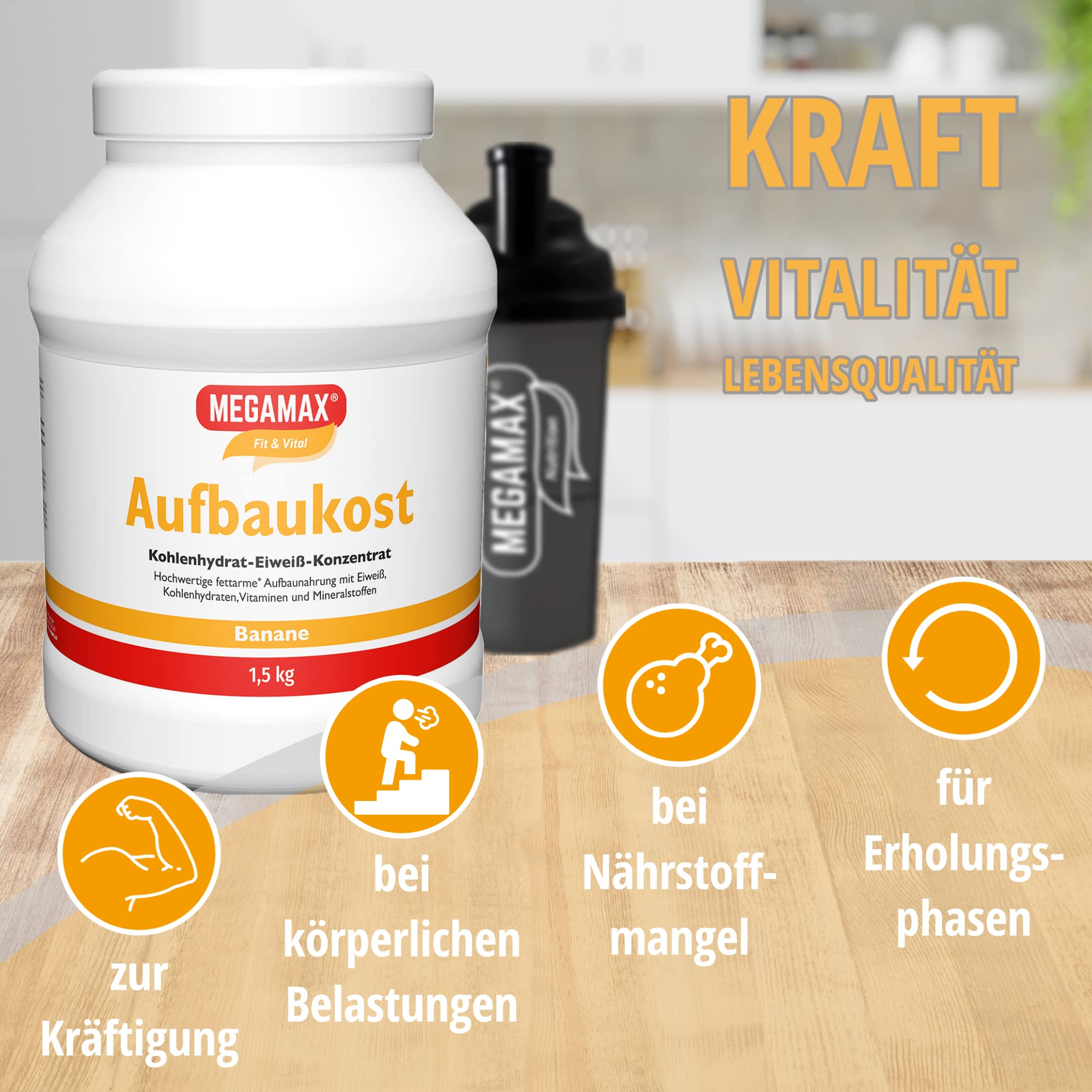 MEGAMAX Aufbaukost Banane 1.5 kg Ideal zur Kräftigung und bei Untergewicht. Proteinpulver zur Zubereitung eines fettarmen Kohlenhydrat-Eiweiß-Getränkes für Muskelmasse u. Muskelaufbau Gewichtszunahme