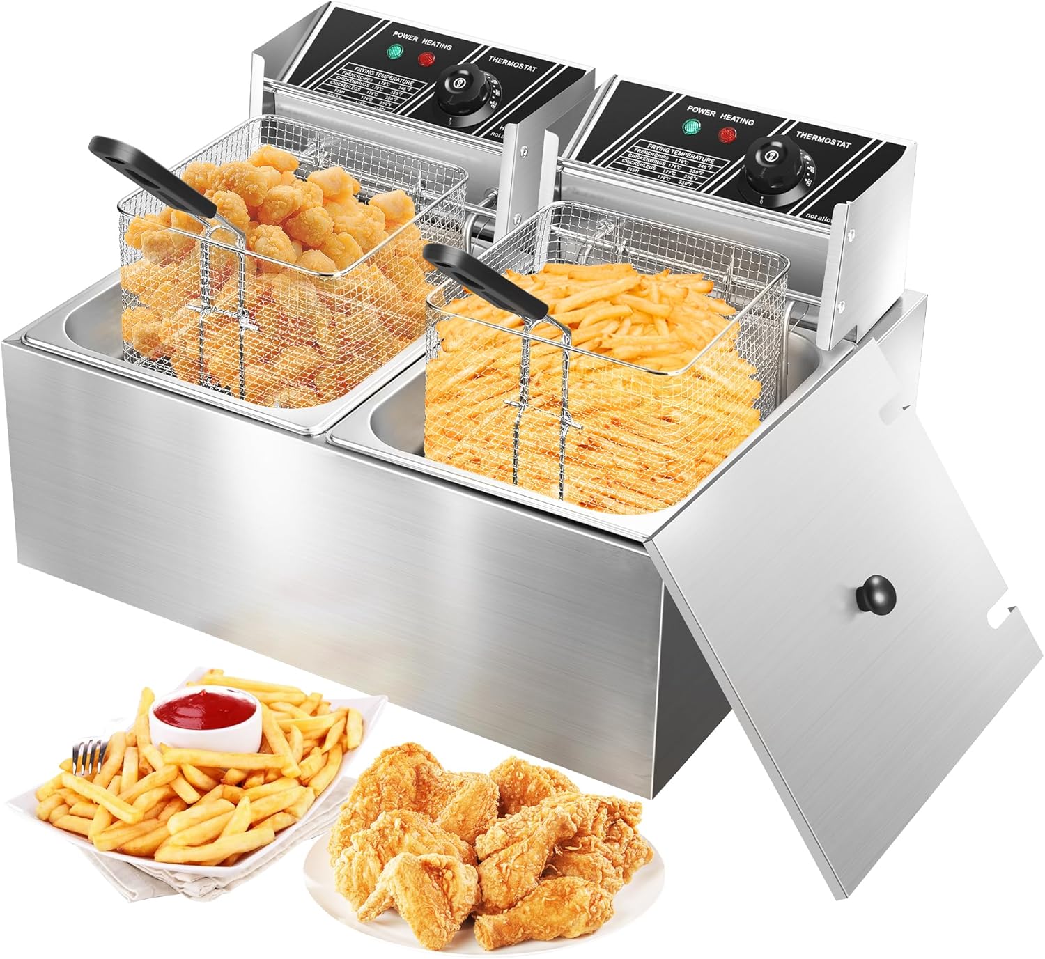 Rengue Commercial Deep Fryer 10.57QT x 2 Large Electric Deep Fryer with 2 Baskets and 2 Lids Countertop Fryer with Constant Temperature Control System for Restaurant and Home Use 3400W