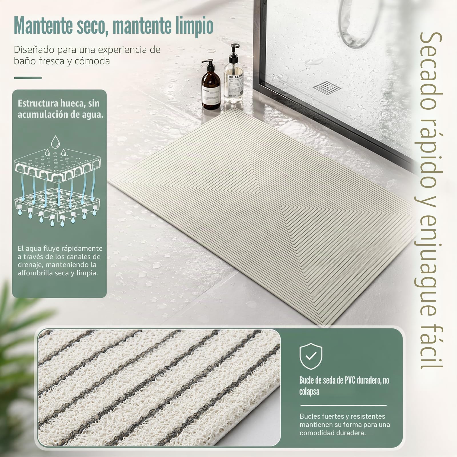 Alfombrilla de ducha antideslizante, de PVC, con orificios de drenaje y ventosas, de secado rápido, alfombrilla antideslizante para ducha y bañera (60 x 120 cm)