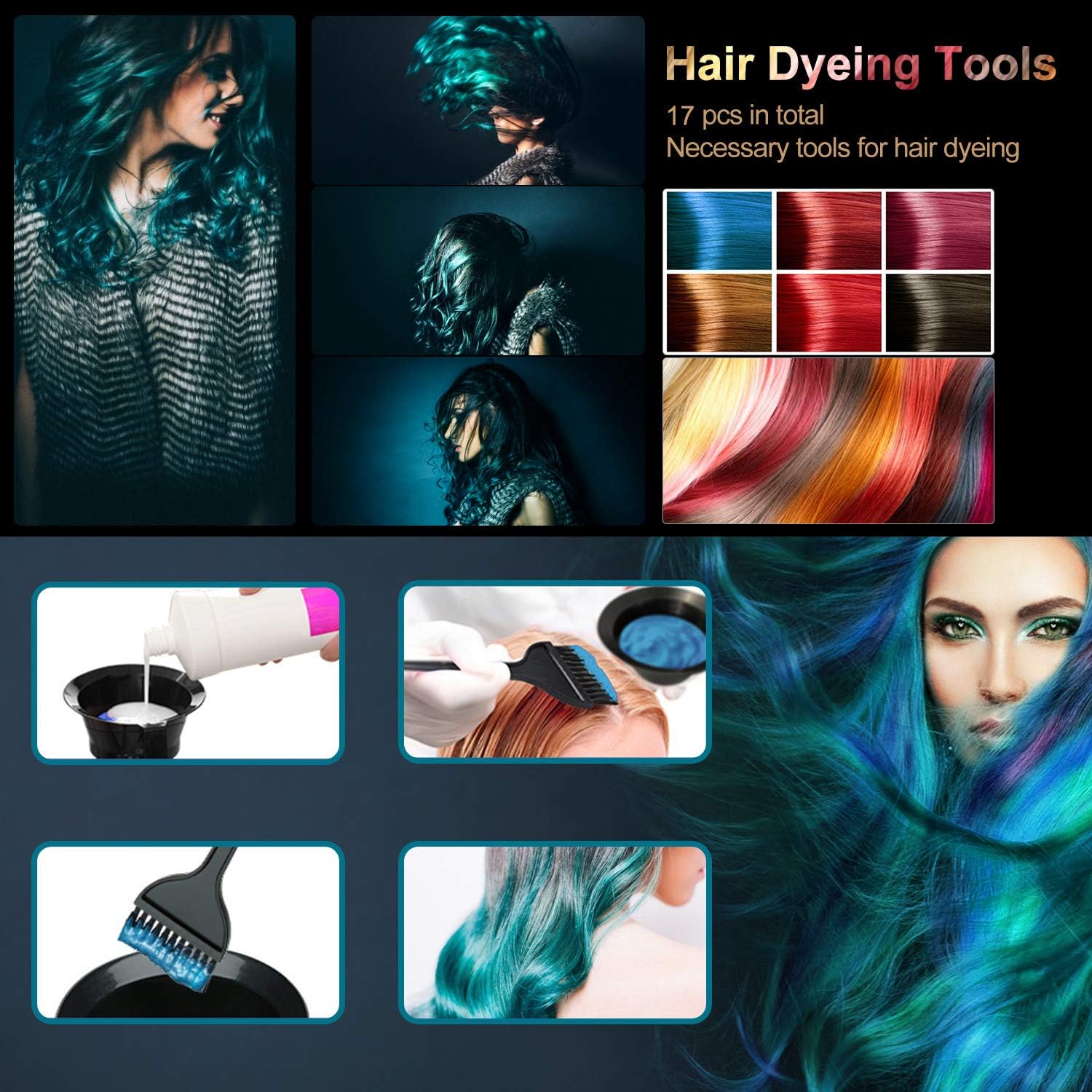 17 PCS Hair Coloring Dyeing Kit, Include Hair Tinting Bowl/Dye Brush/Mixing Spoon/Shower Cap/Ear Cover/Gloves Hair Dye Tools for Hair Coloring Bleaching DIY Salon & Home (17PCS) : Beauty & Personal Care
