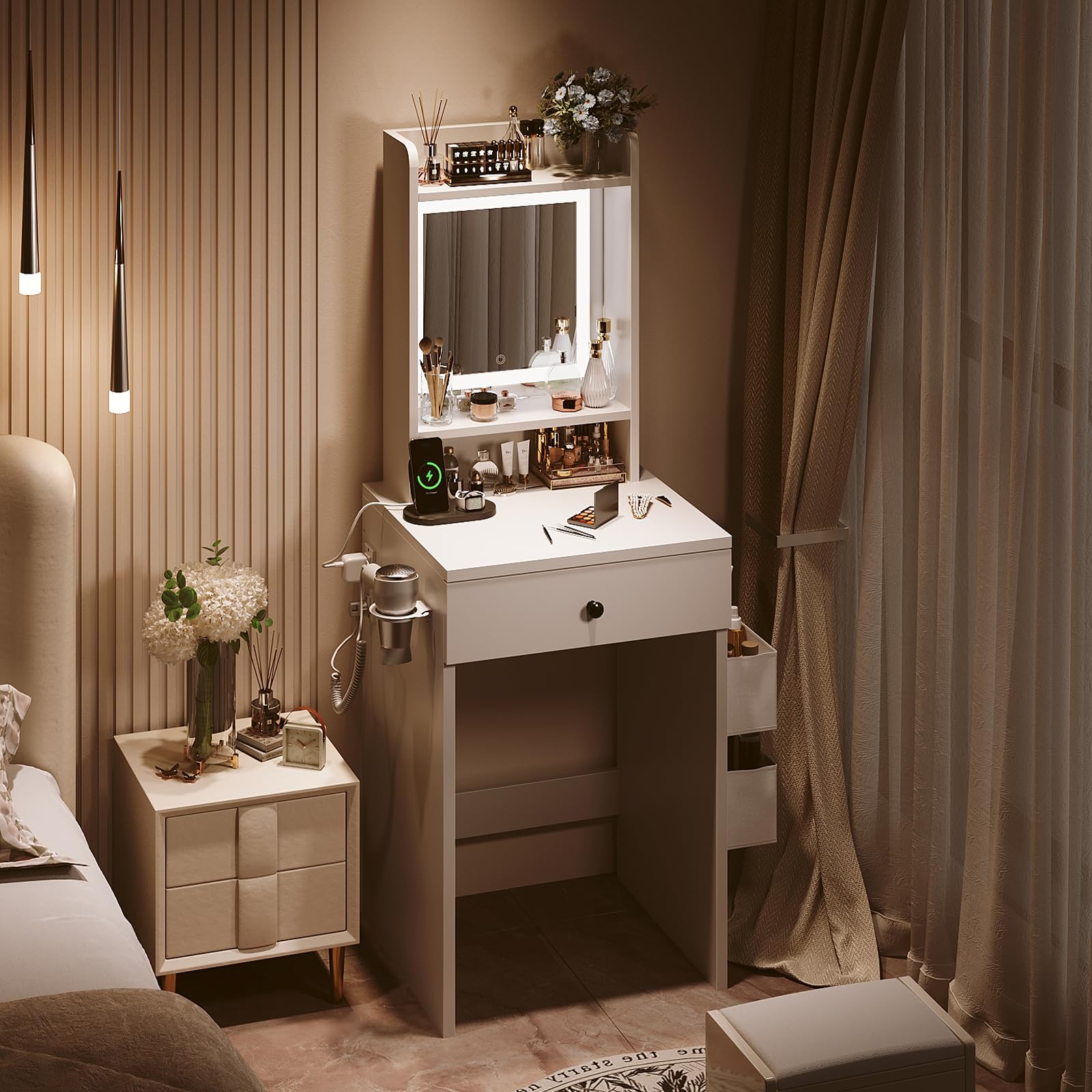 oneinmilSmall LED Lighted Vanity Desk with Adjustable Mirror, Power Outlet, and Side Storage Bag, Perfect for Small Spaces, Heartwarming Gifts