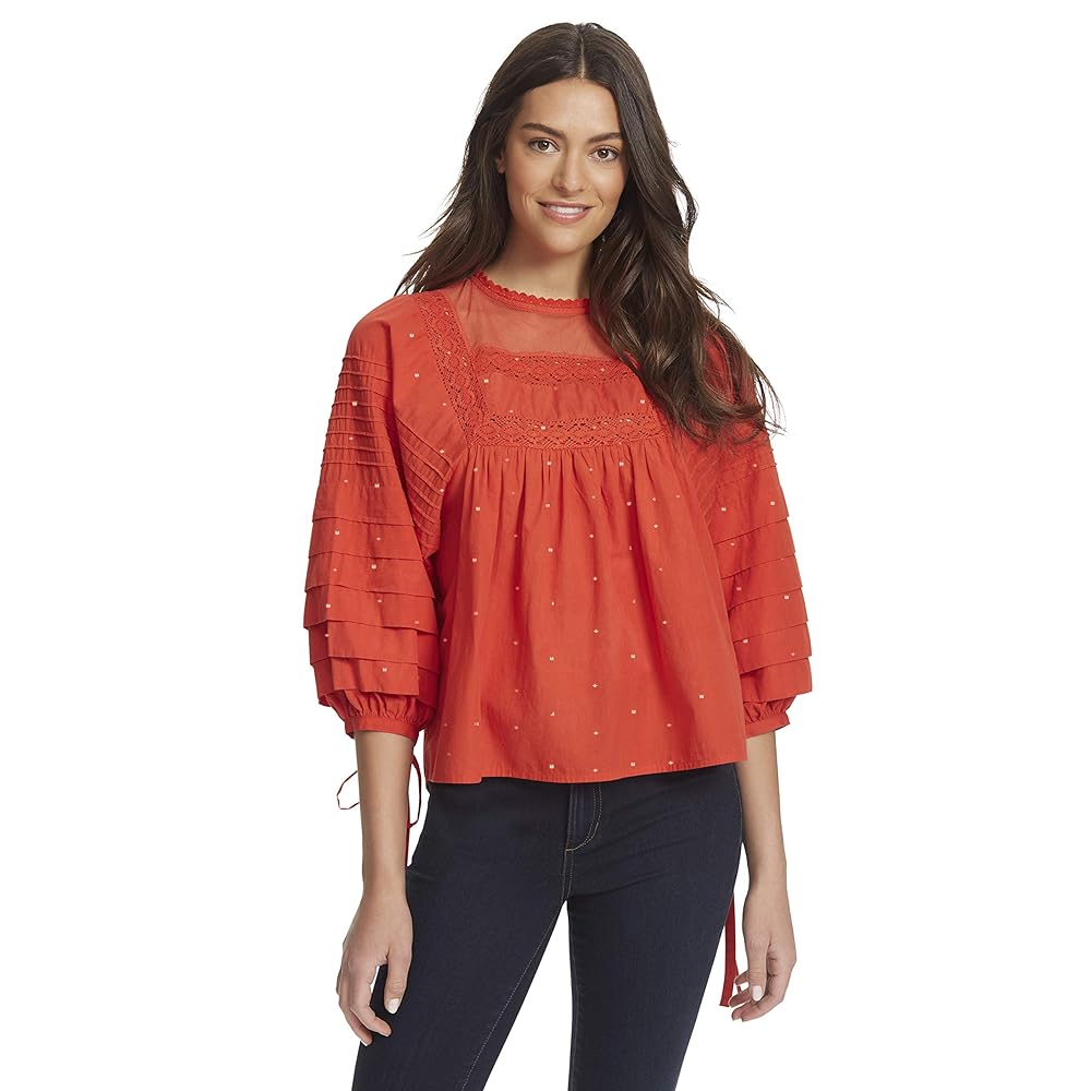 Ella Moss Women's Lyra Pintucked Woven Top, Spicy Orange