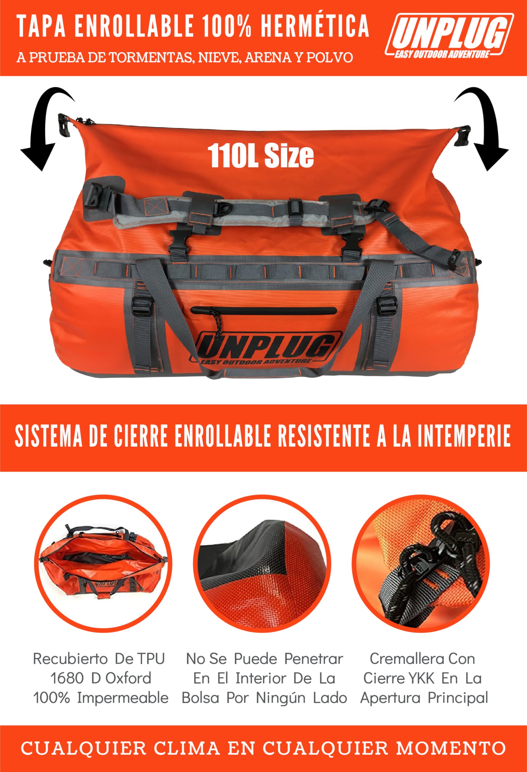 Unplug Ultimate Adventure Bag -1680D Bolsas Impermeables Viaje de Alta Resistencia para Camping, Bolsa Seca para Moto, Bolsas Impermeables para navegar, Mochila Impermeable, Duffle Bag táctica