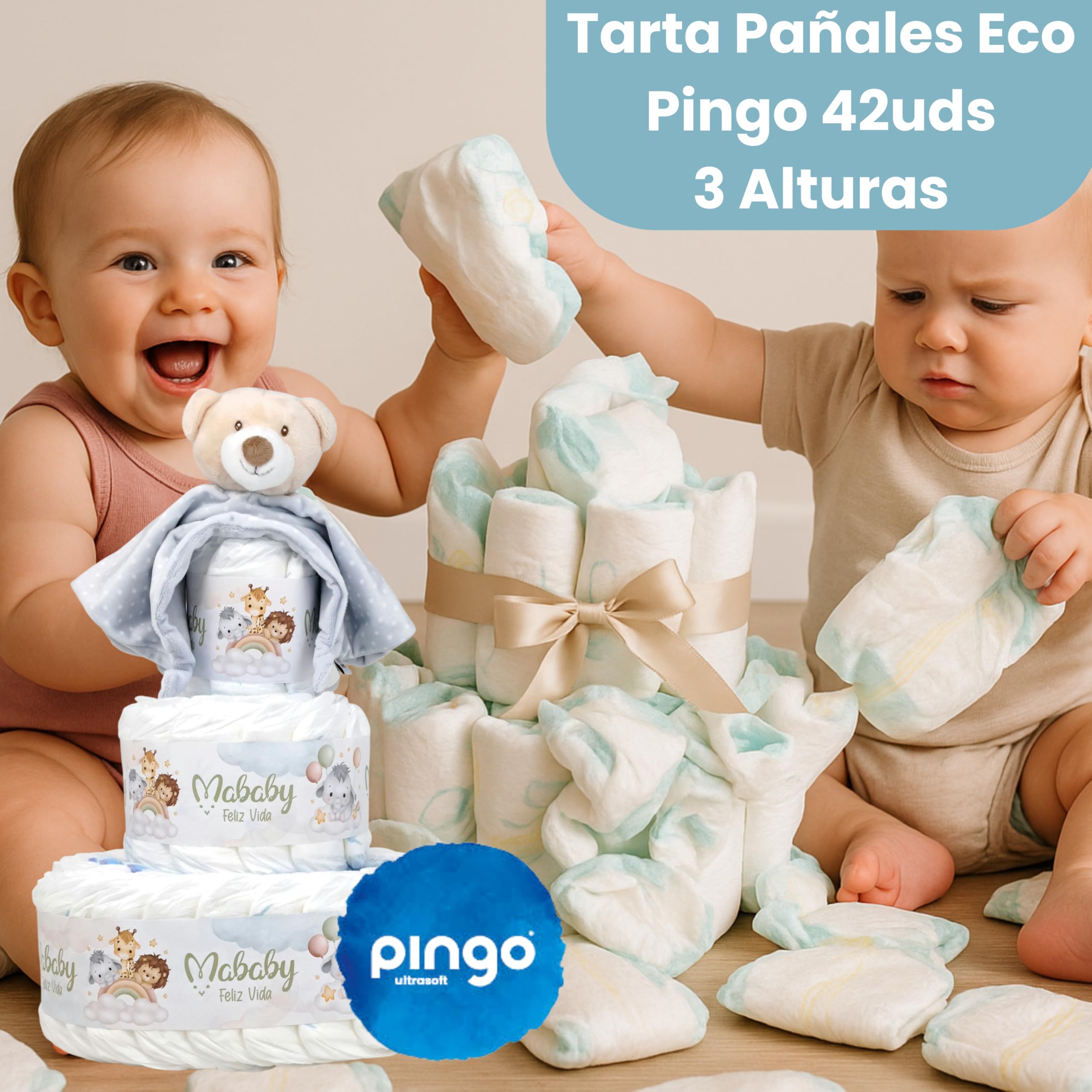 Mi Chupete Personalizado con Nombre, Tarta Pañales (Gris) | Tarta de 42 pañales talla 2 con chupete personalizado, Dou Dou osito con sonajero, set de higiene y toallitas