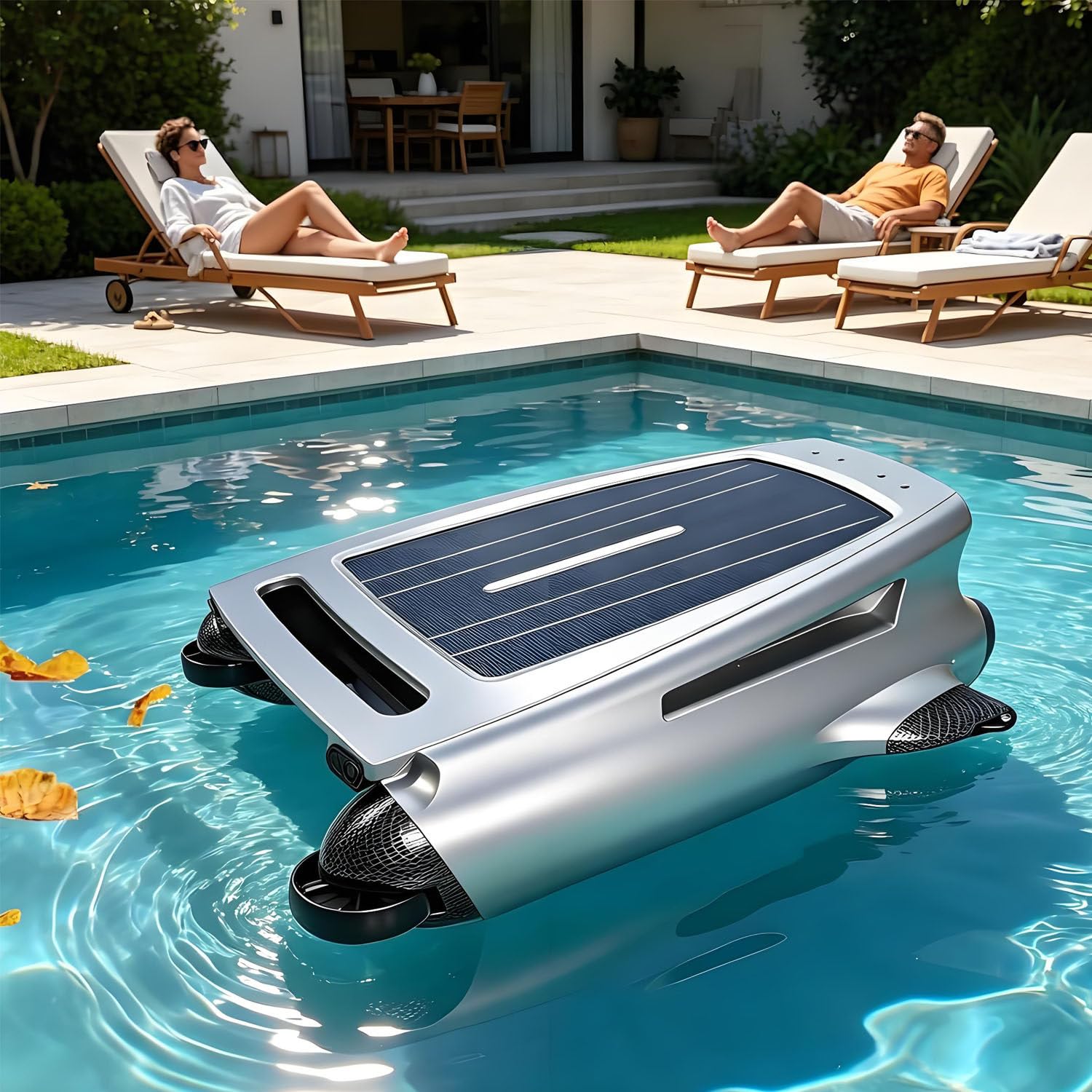 AiODiO Cordless Solar Pool Skimmer，Ipx7 Waterproof Rating, 20-Hour Battery Life, Dual Charging Methods (Solar/Adapter), 450um Filter, Suitable for Inlaid Pools.