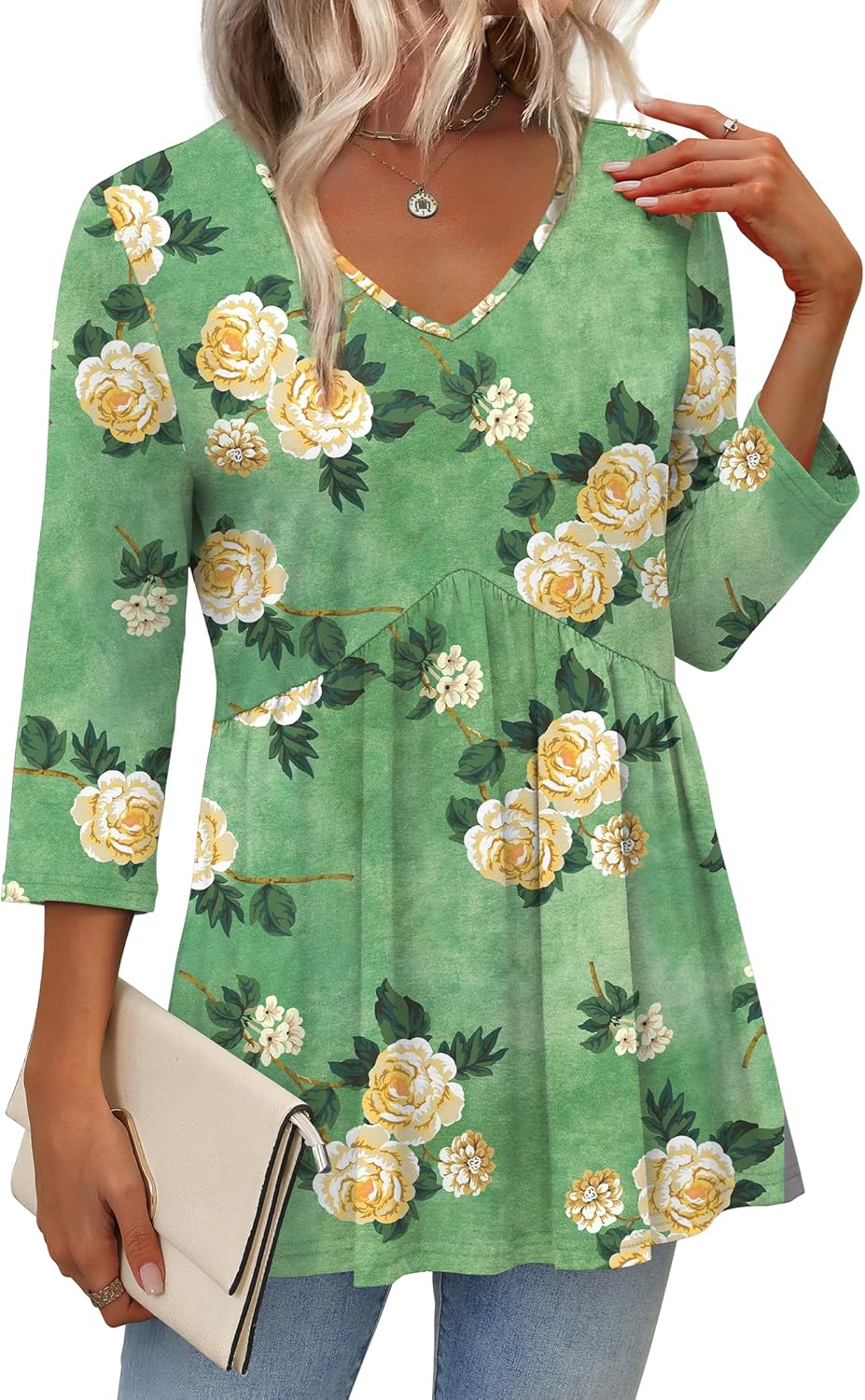 3/4 Length Sleeve Womens Tops 2025 Blouses for Women Dressy Casual Fashion Clothing V Neck Babydoll Tops Fall Outfits - Image 2