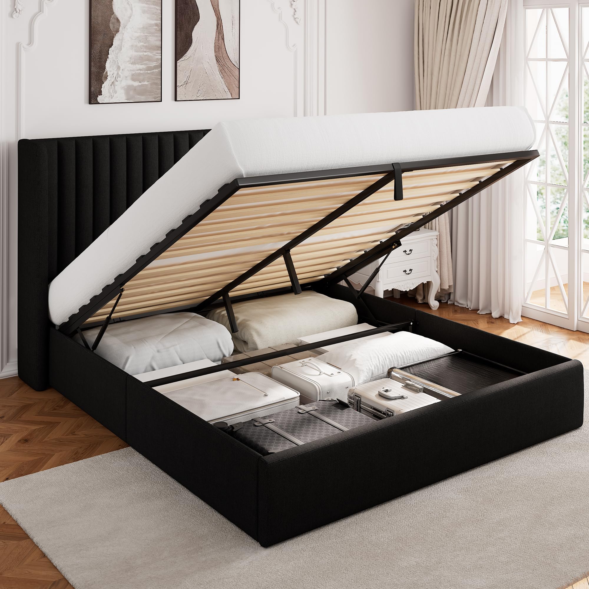 GalnFu Full Size Lift Up Storage Bed, Upholstered Platform Bed Frame with Wingback Headboard, Hydraulic System, Solid Wooden Slats Support, Noise-Free