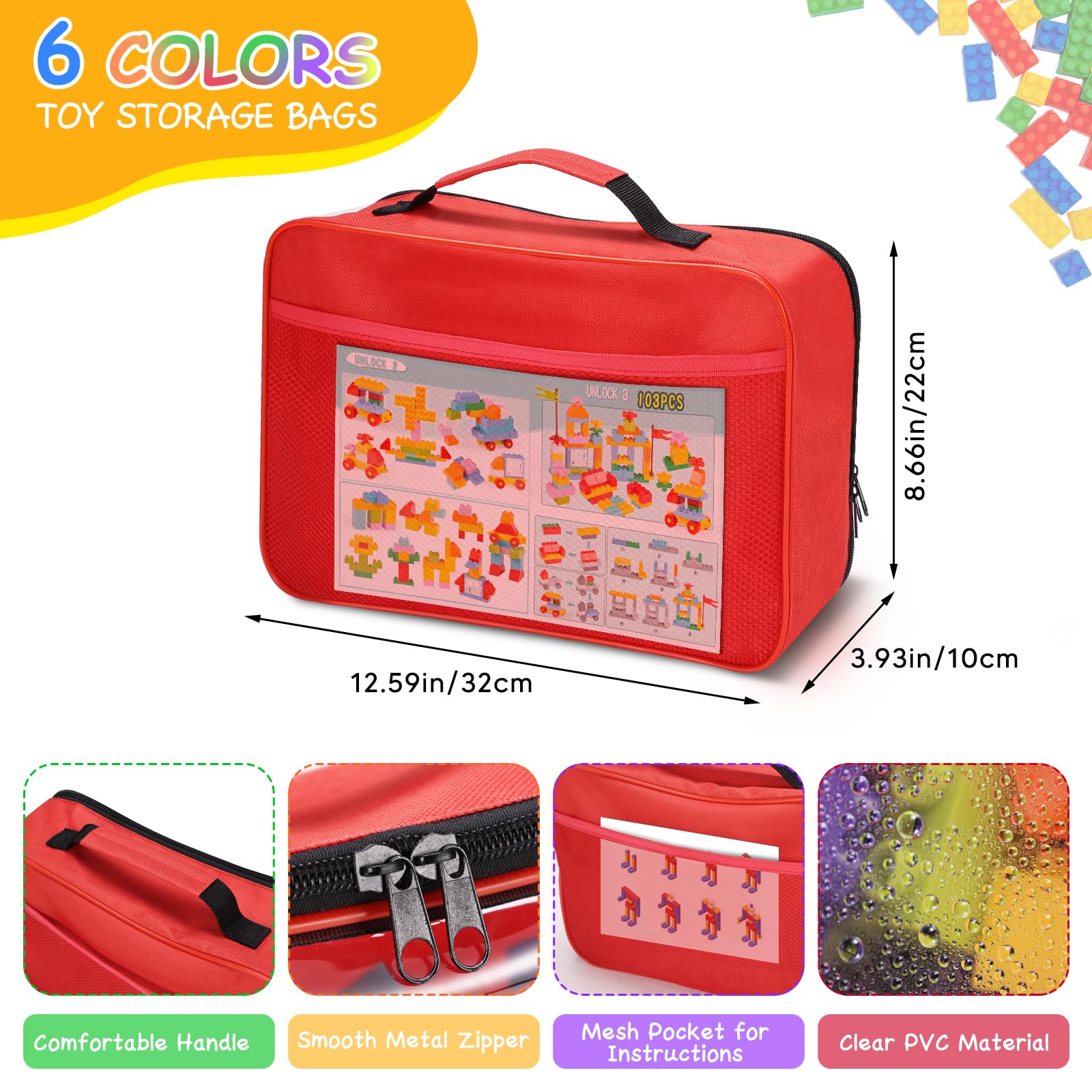 6 Pack Toy Storage Bags with Zipper, Reusable Organizing Bags with Portable Handle, Travel Case for Building Blocks, Bricks, Puzzles, Books, Board Game Storage