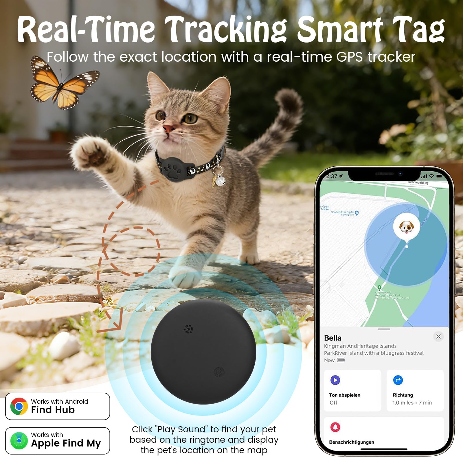 Rastreador GPS para gatos y perros compatible con Apple iOS y Android Google Find My, collar de gato con rastreador sin suscripción para seguimiento de ubicación, etiqueta inteligente Bluetooth mini