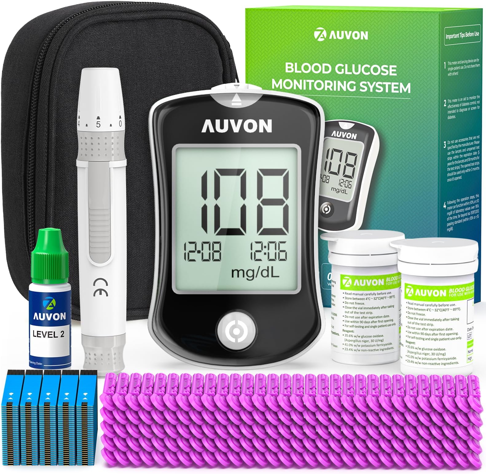 AUVONBlood Glucose Monitor Kit, 150 Glucometer Strips, 150 Lancets, 1 Blood Sugar Monitor, 1 Painless Lancing Device, 1 Control Solution, DS-W Blood Sugar Testing Kit with No Coding, Large Display