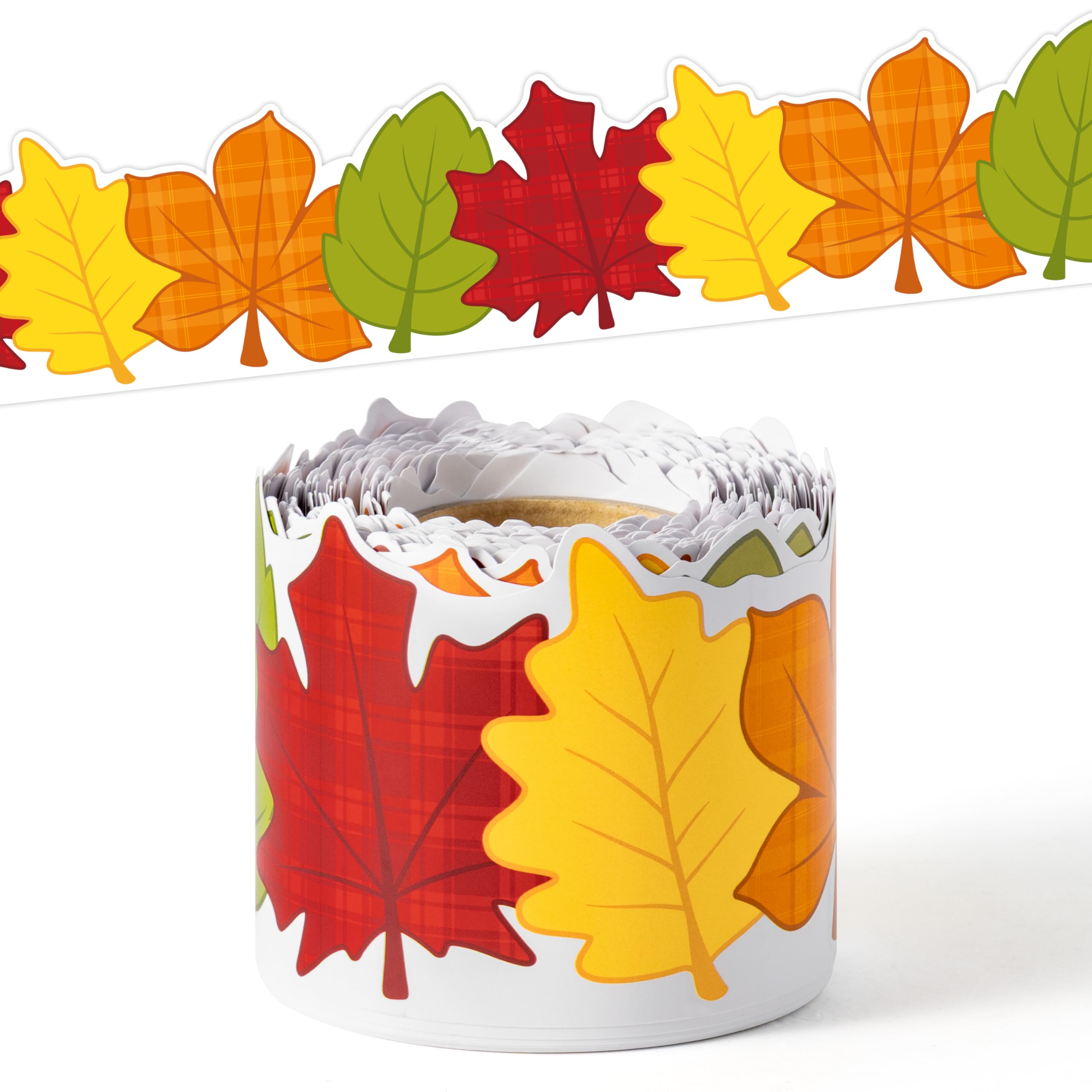 BeYumi Fall Leaves Border Trim - 65ft Plaid Maple Leaves Classroom Decor | Thanksgiving Autumn Harvest Rolled Bulletin Board Border Set Office School Chalkboard Kindergarten Classroom Wall Party Decor