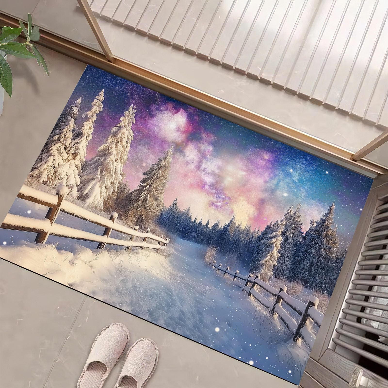 Paillasson intérieur bleu profond 60x90cm motif forêt de cèdres d'hiver de qualité